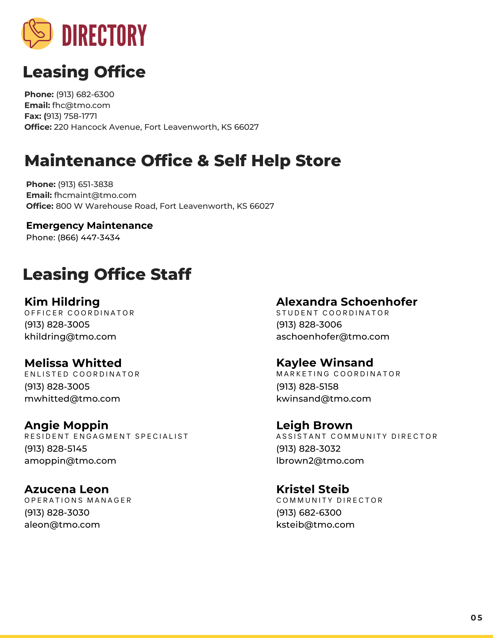 A directory listing for a leasing office and maintenance office, including contact details and staff names.
