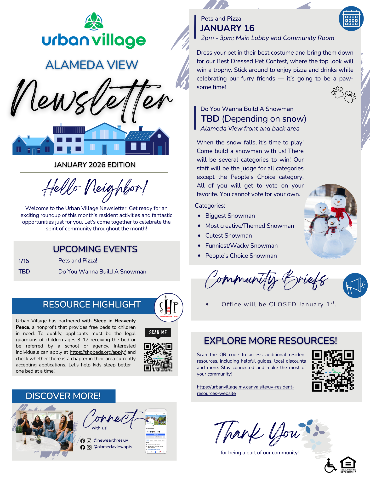 Newsletter from Urban Village for January 2026 with details on events, community resources, and highlights.