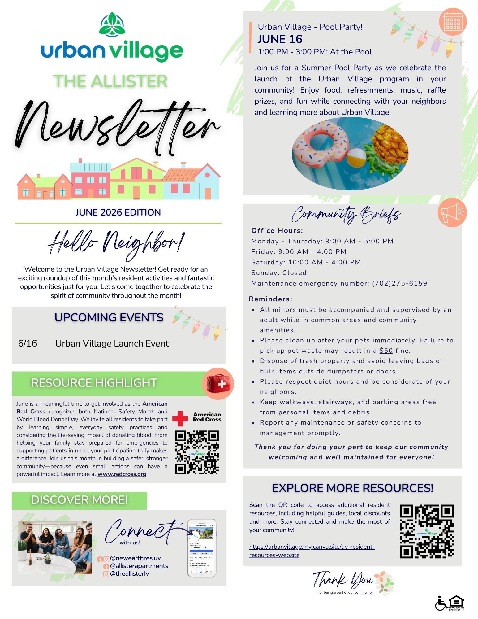 Newsletter for Urban Village, June 2026 Edition, featuring details about a pool party and community events.