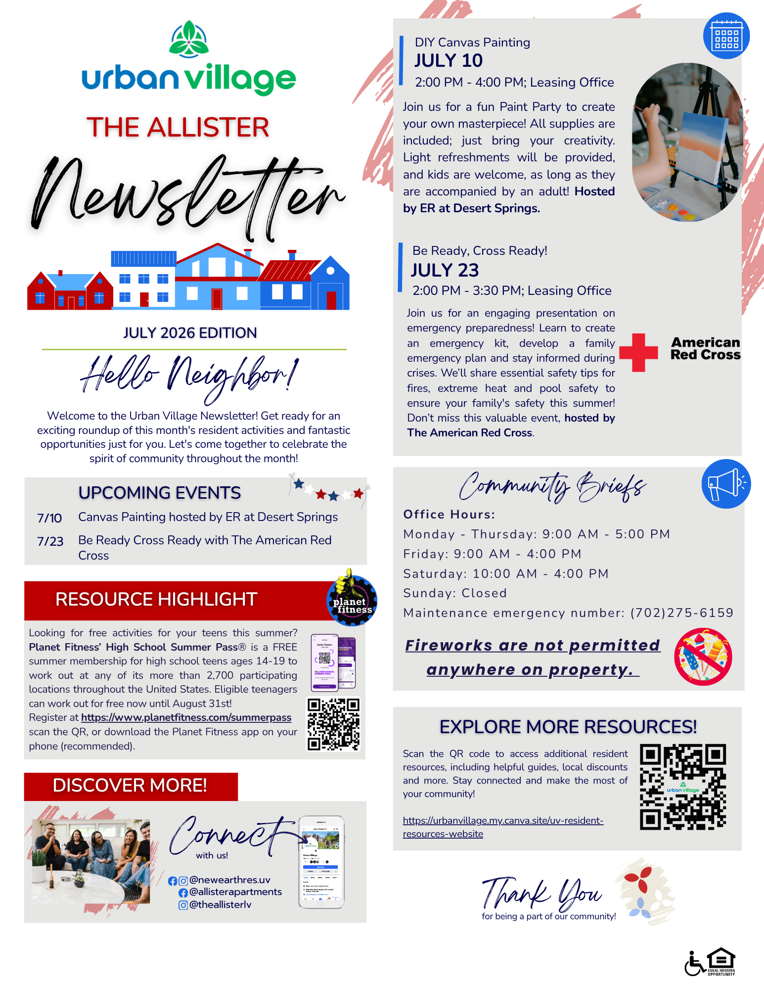 A community newsletter for Urban Village featuring upcoming events and activities.