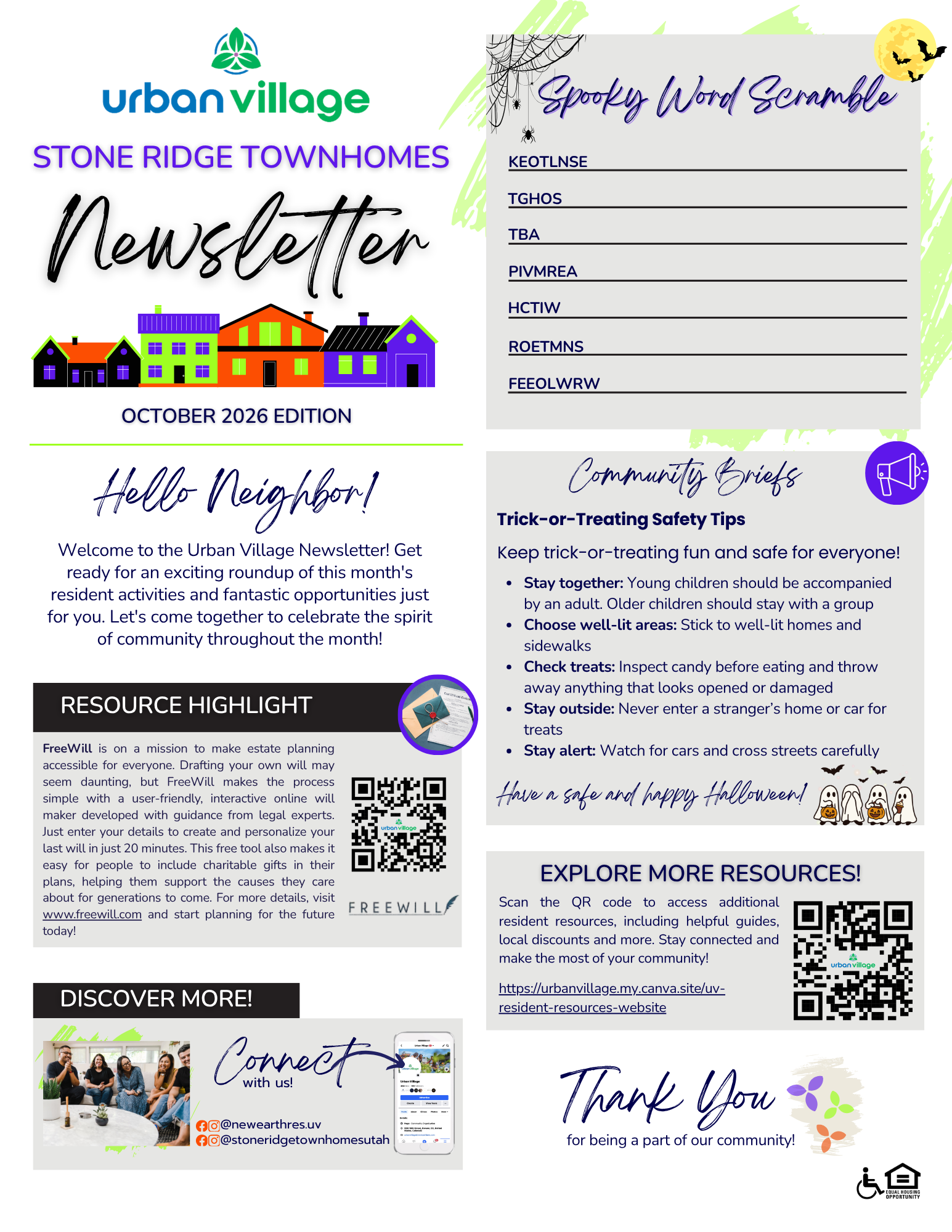 A community newsletter for Stone Ridge Townhomes, featuring a spooky word scramble and community events for Halloween.