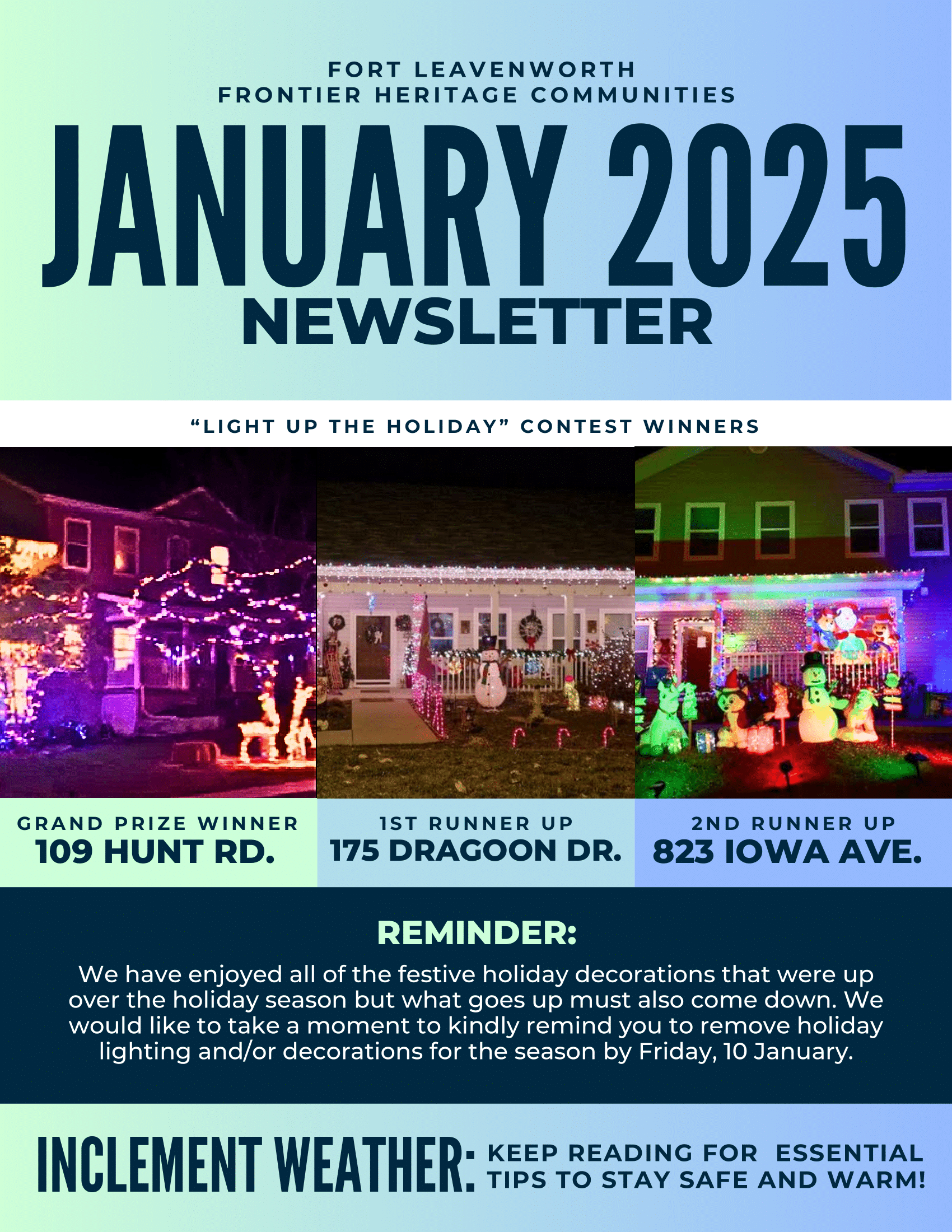 Newsletter for Fort Leavenworth featuring holiday decoration contest winners and inclement weather reminders, with colorful photos of decorated houses.
