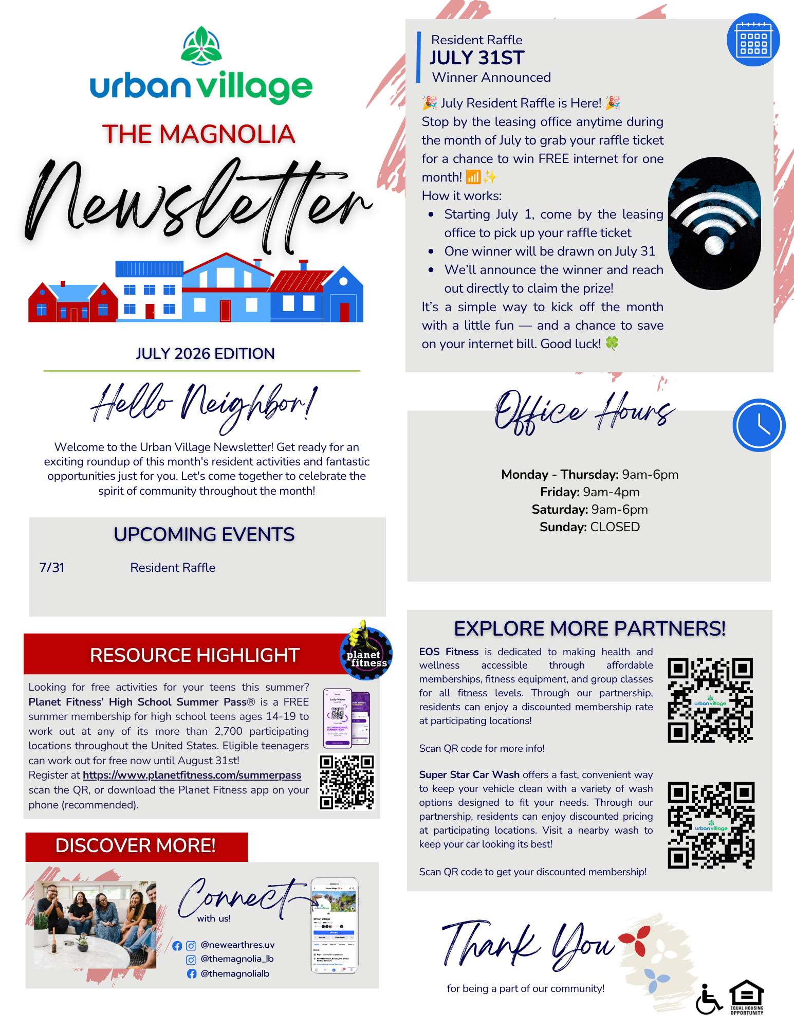 A newsletter layout including information about a resident raffle, office hours, resource highlights, and community engagement opportunities.