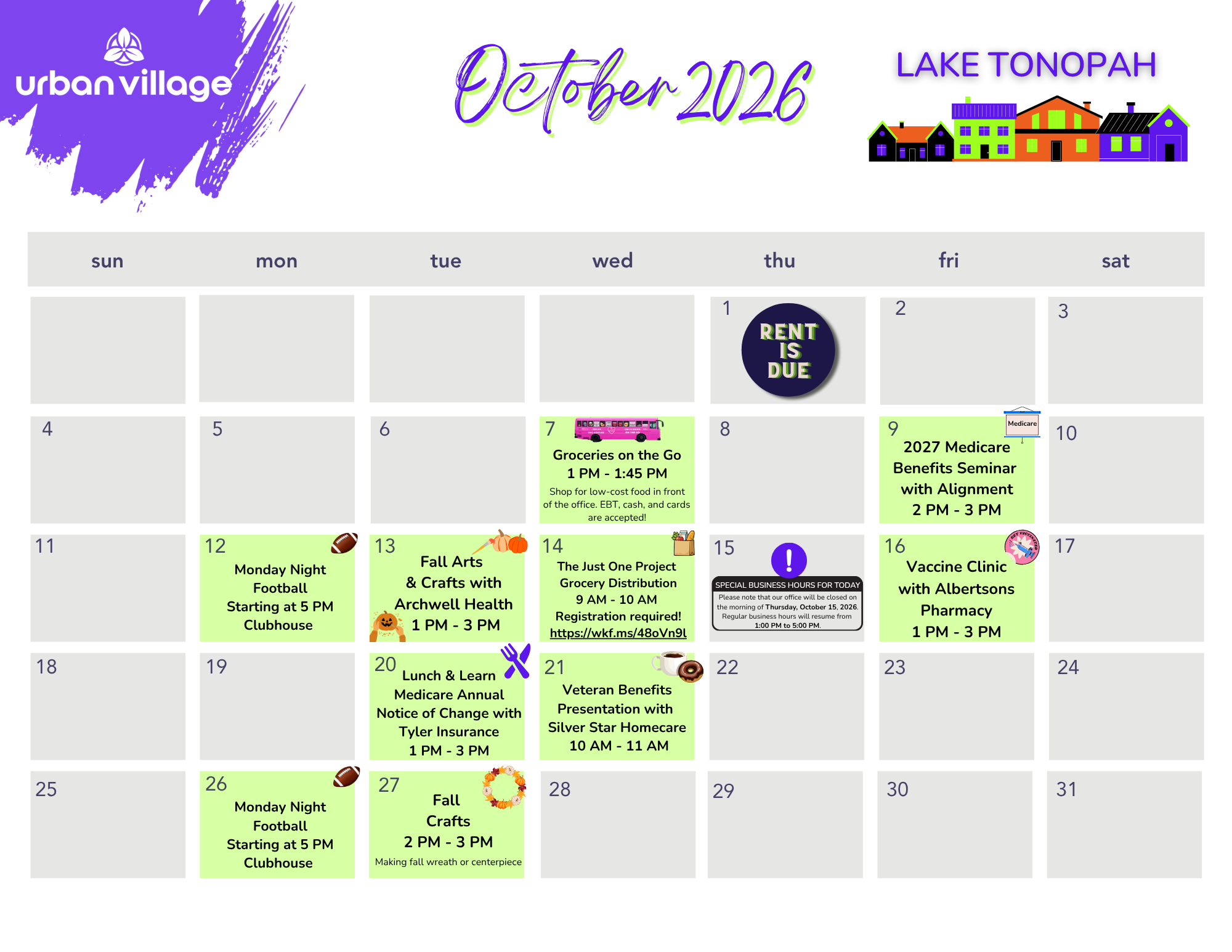 Event calendar for October 2026 detailing activities at Lake Tonopah, Urban Village.