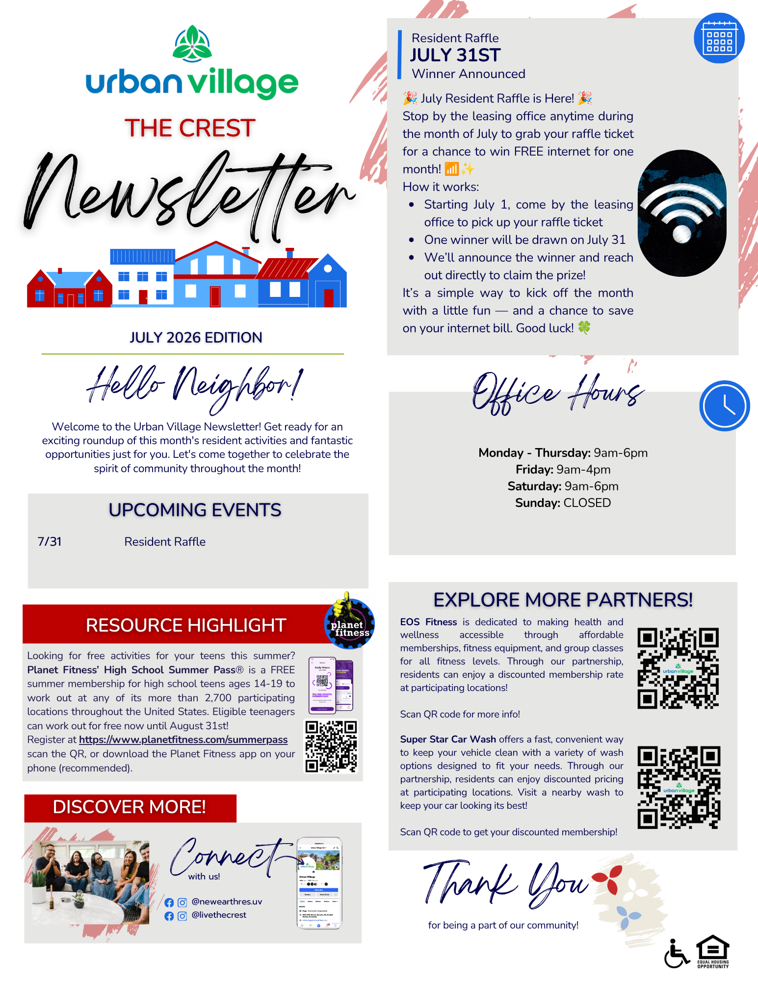 Newsletter from Urban Village announcing a resident raffle and showcasing upcoming events.