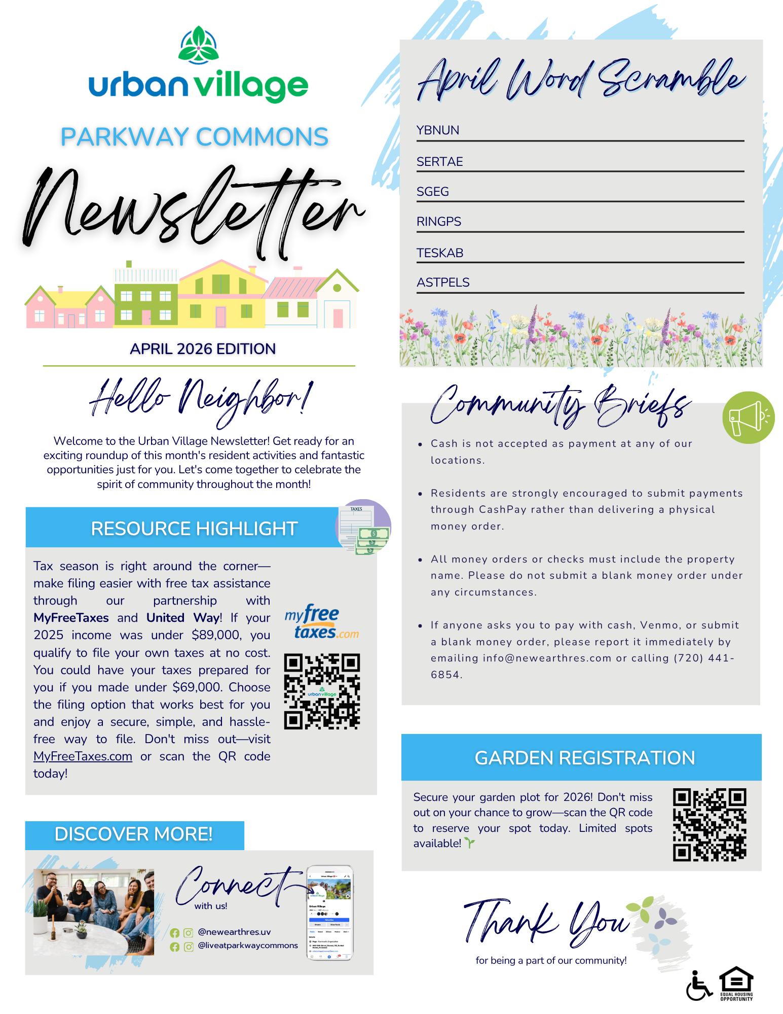 A community newsletter titled 'Parkway Commons Newsletter' for April 2026. It features a welcome message, resource highlights related to tax season, a word scramble activity, community briefs, and garden registration information with QR codes. The design includes colorful illustrations of houses and flowers.