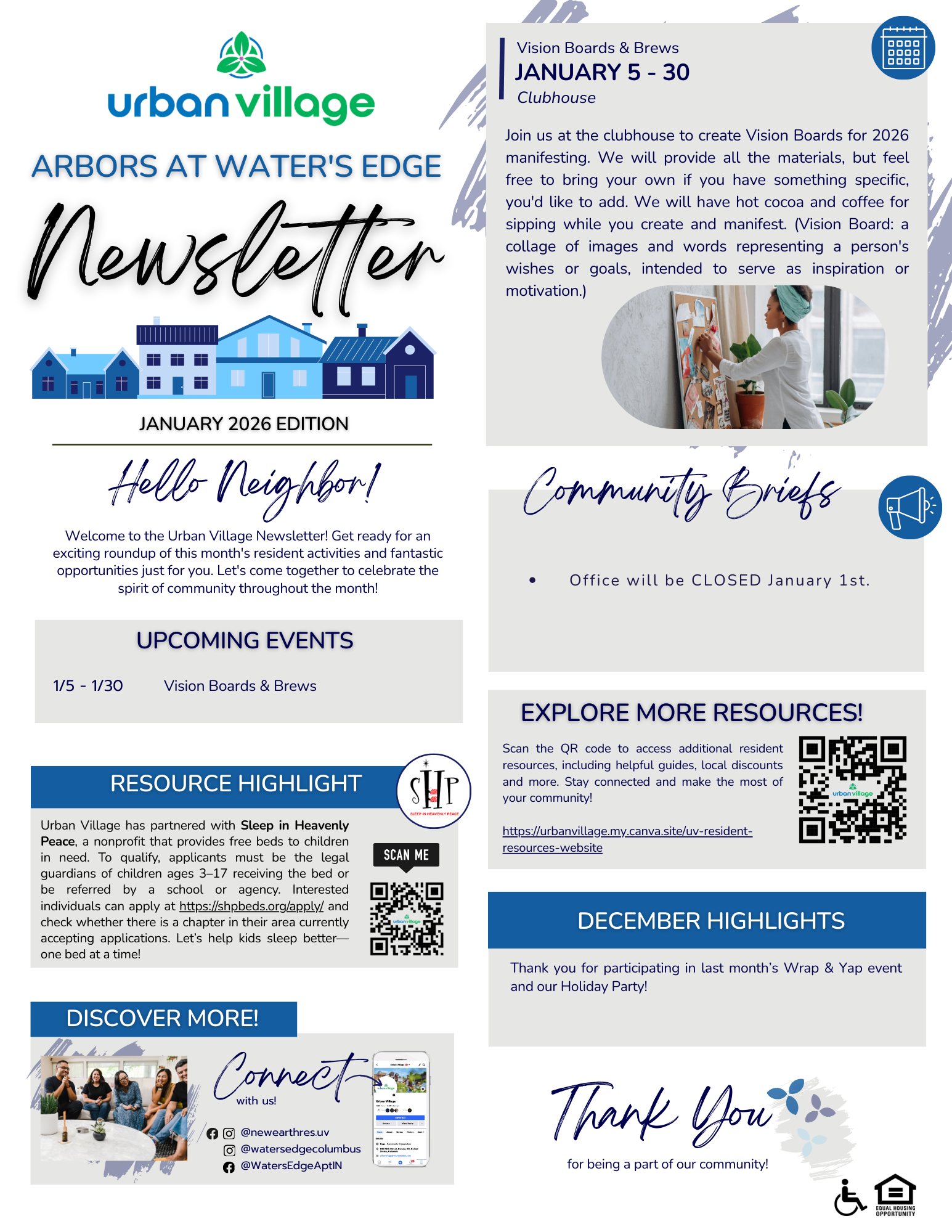 Newsletter for Urban Village's Arbors at Water's Edge featuring events, resources, and community announcements.