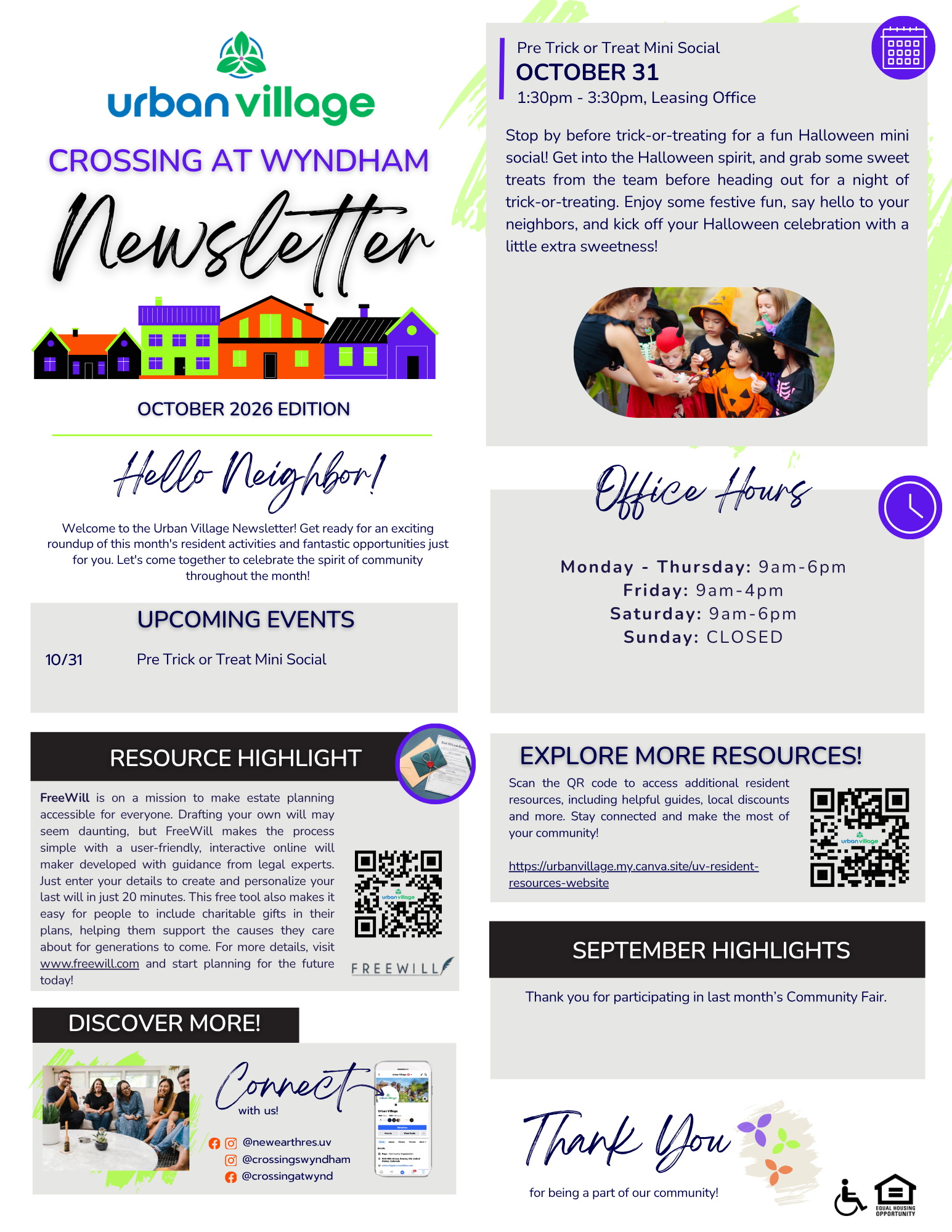 Newsletter for Urban Village Crossing at Wyndham, featuring upcoming events, office hours, resource highlights, and community engagement information.