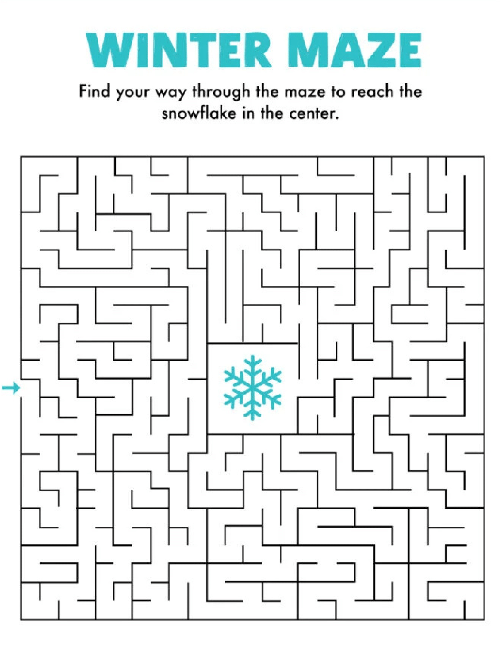 A maze with intricate pathways leading to a snowflake at the center. The title 'WINTER MAZE' is prominently displayed at the top, along with instructions to find the way through the maze to reach the snowflake.