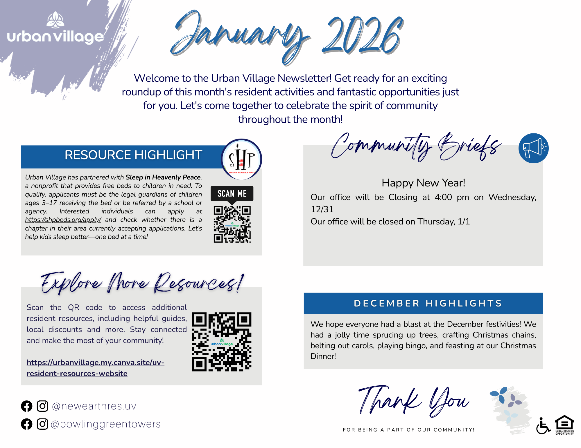 Newsletter for Urban Village highlighting events and resources for January 2026.