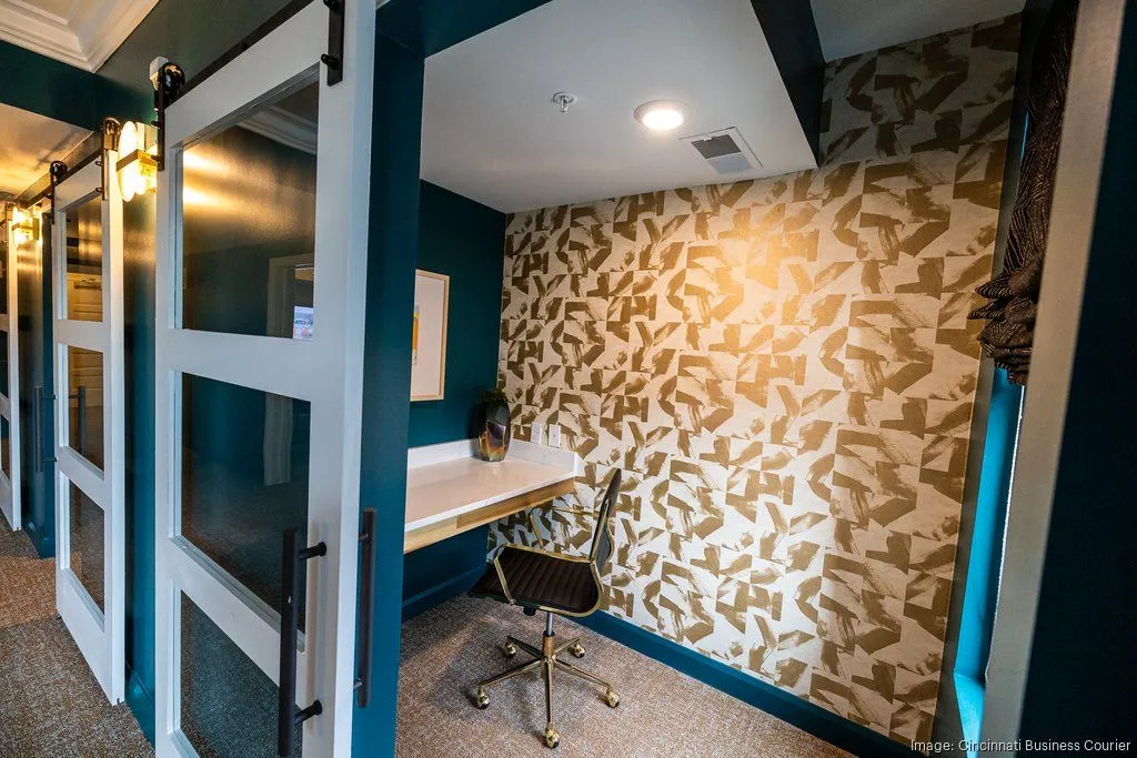 A modern study space featuring a desk with a chair and decorative wallpaper in a teal and gold color scheme.