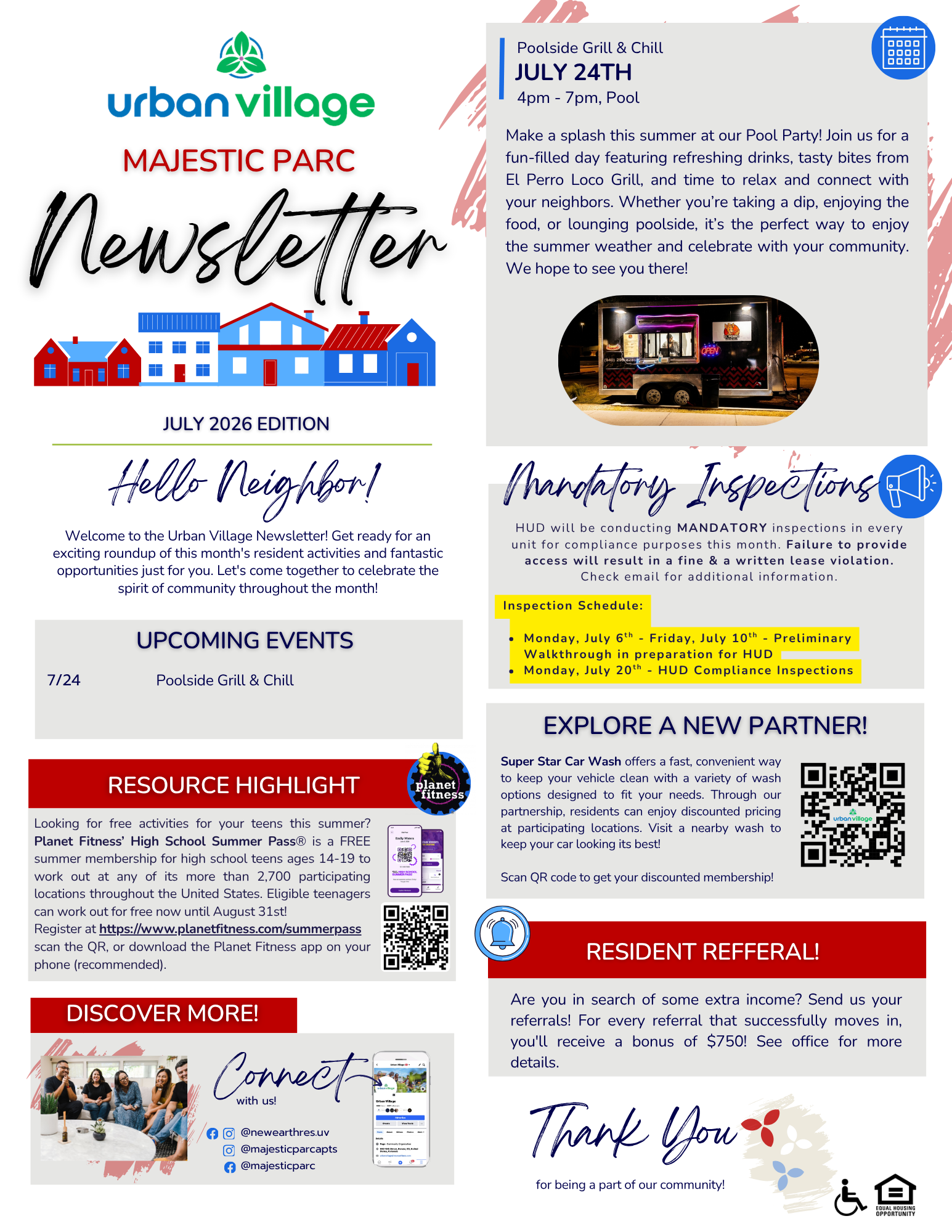 Newsletter for Urban Village Majestic Parc featuring events, resource highlights, and community information.