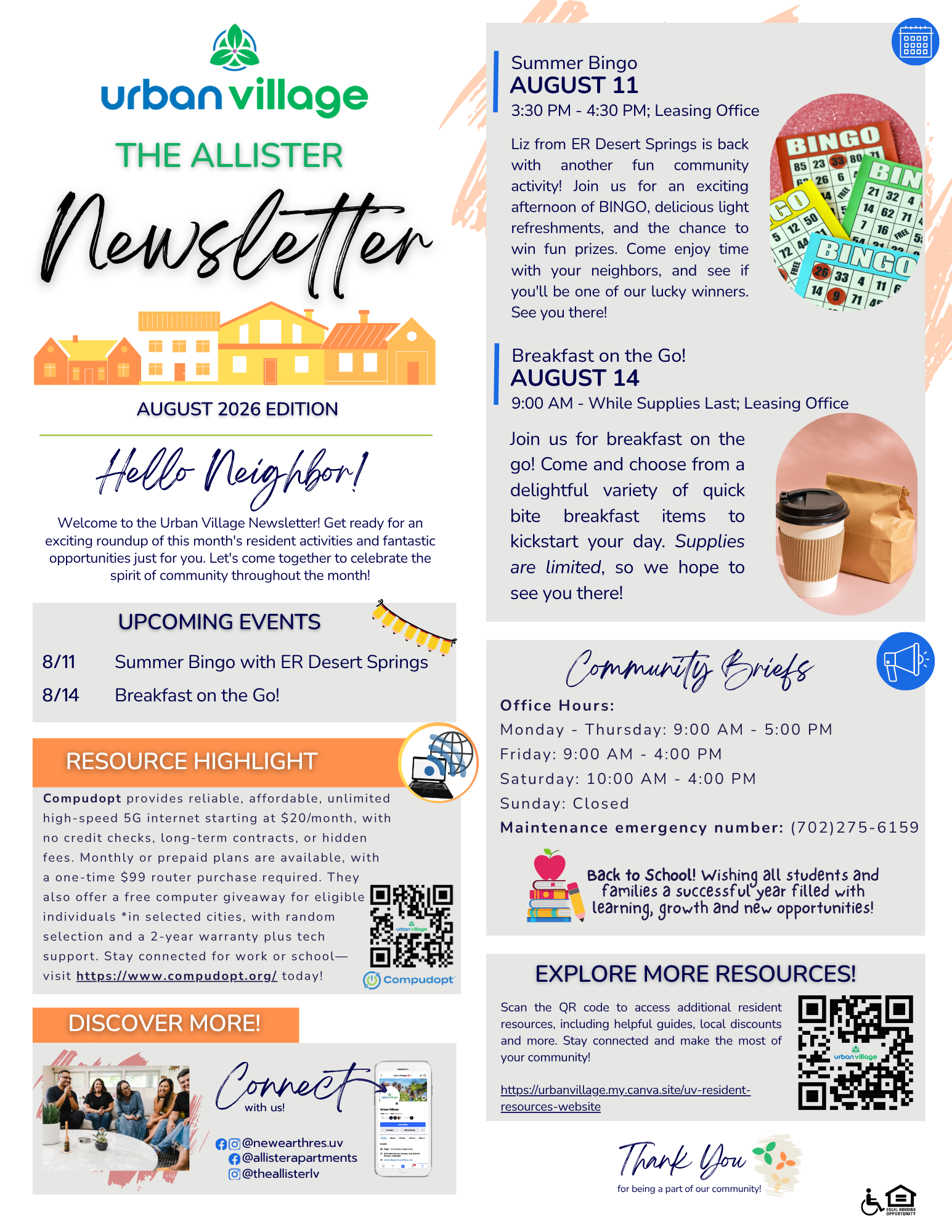 A newsletter for Urban Village The Allister featuring events, resource highlights, and community information for August 2026.