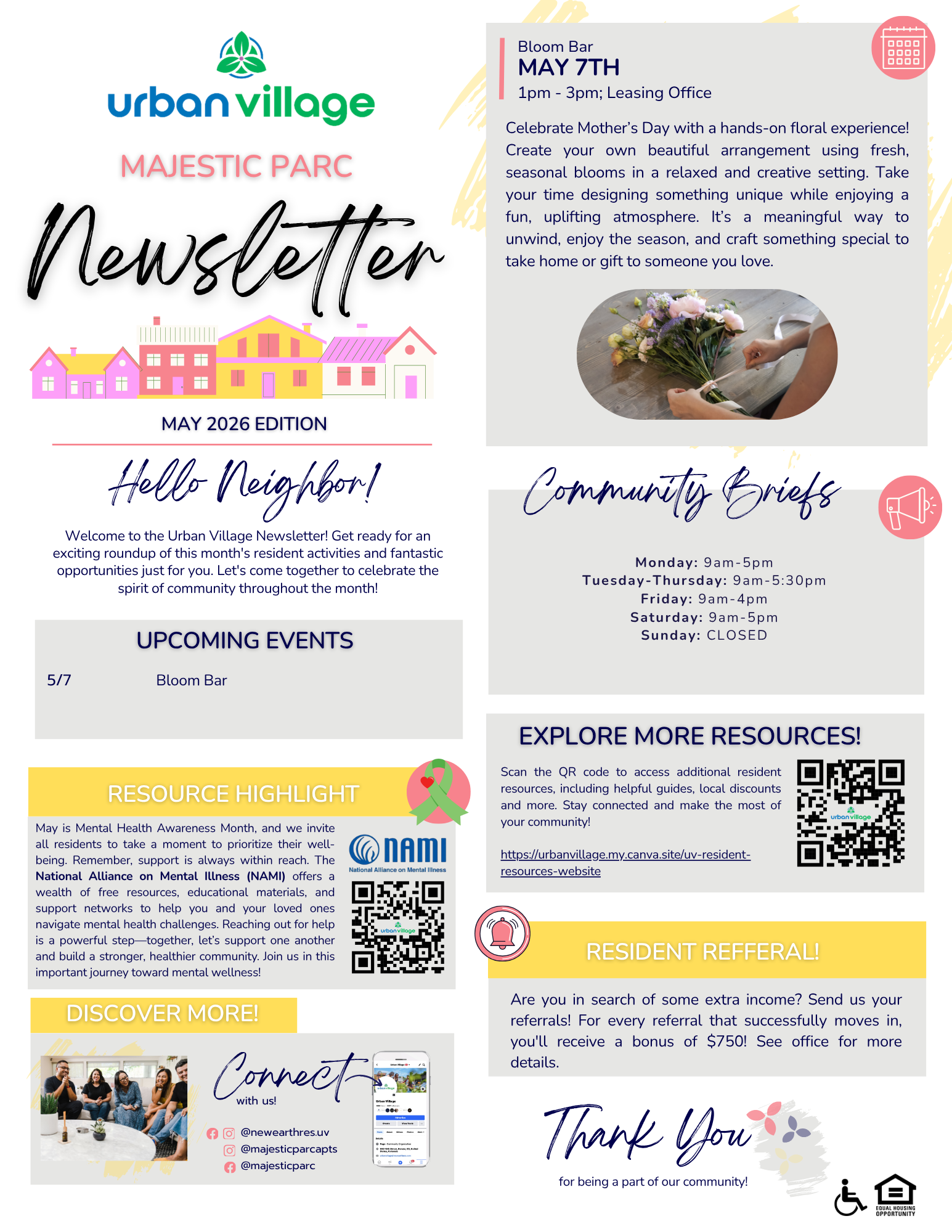 Newsletter for Urban Village Majestic Parc, May 2026 edition, featuring upcoming events, community briefs, and a floral experience event for Mother's Day.