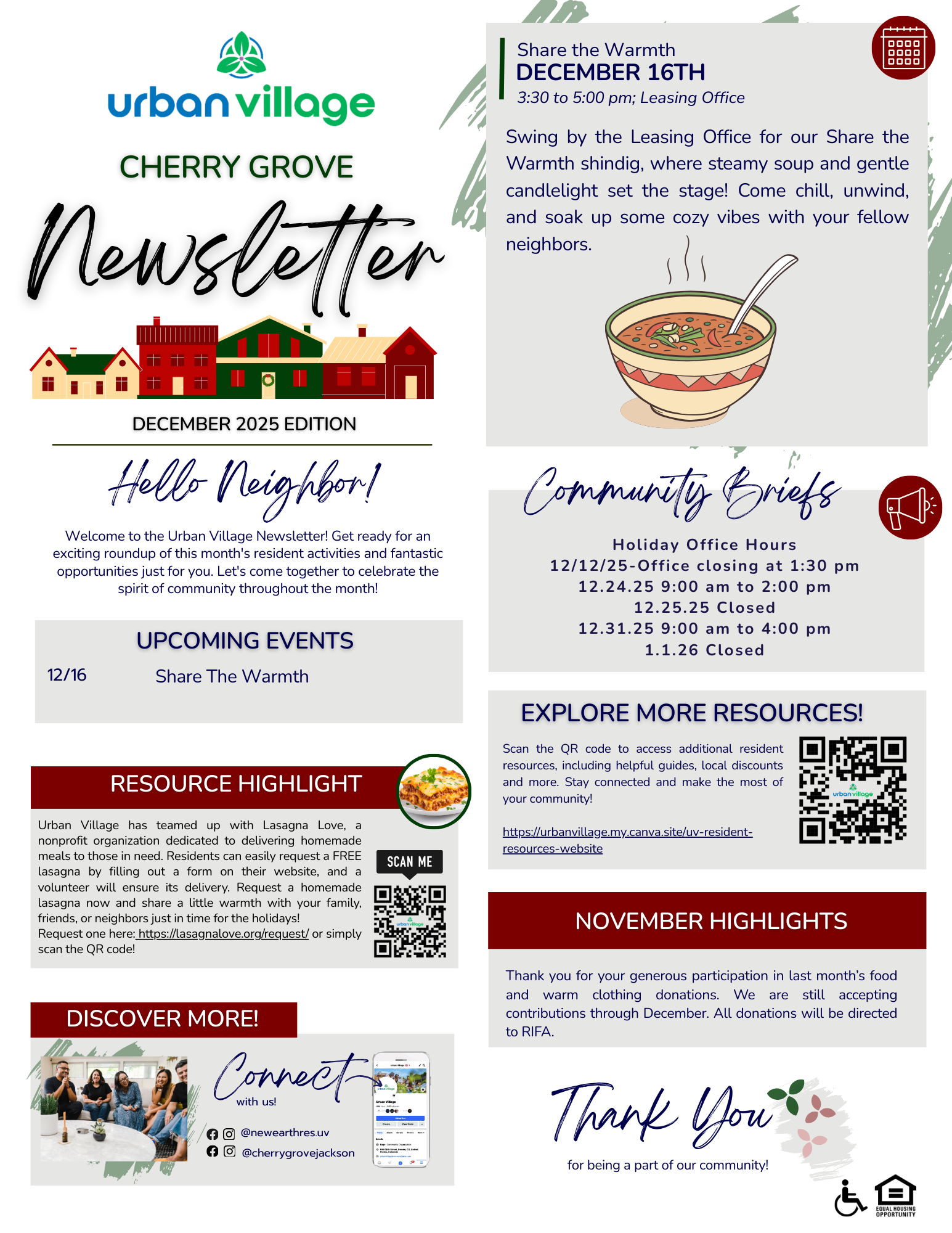 Newsletter from Urban Village Cherry Grove, highlighting community events, resources, and holiday hours for December 2025.