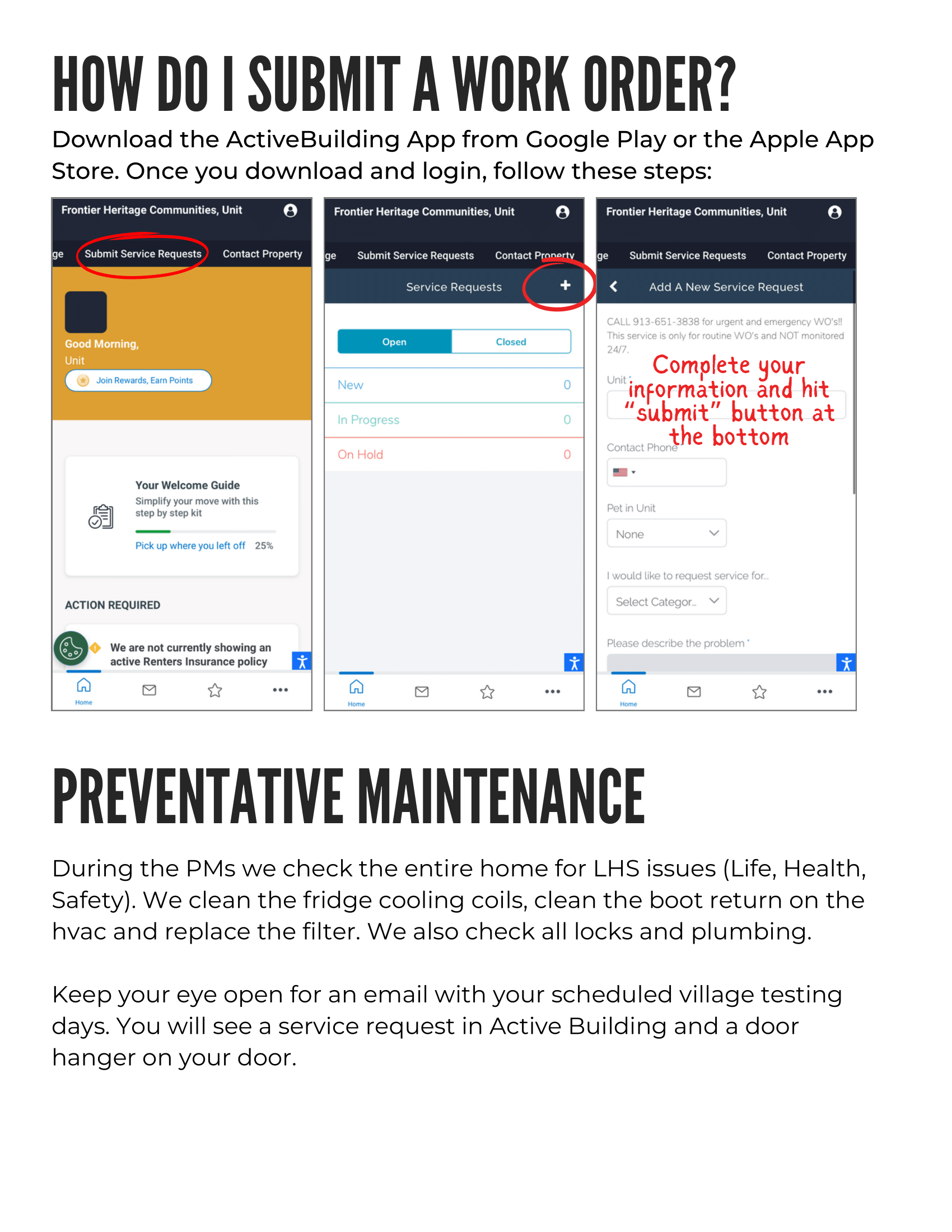 Instructions on submitting a work order through the ActiveBuilding App, including downloading the app and submitting information.