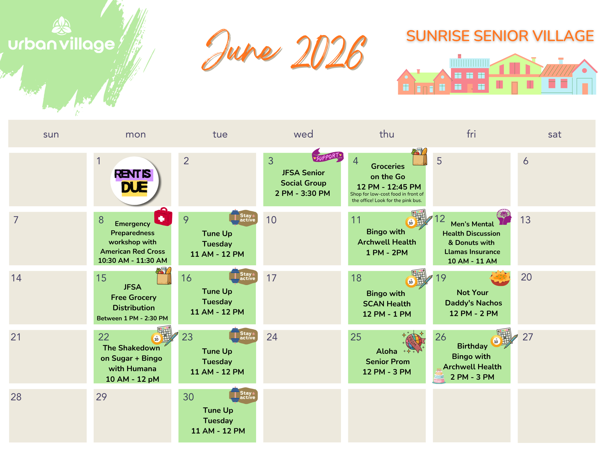 A calendar for June 2026 for Sunrise Senior Village, featuring various events and activities scheduled throughout the month.