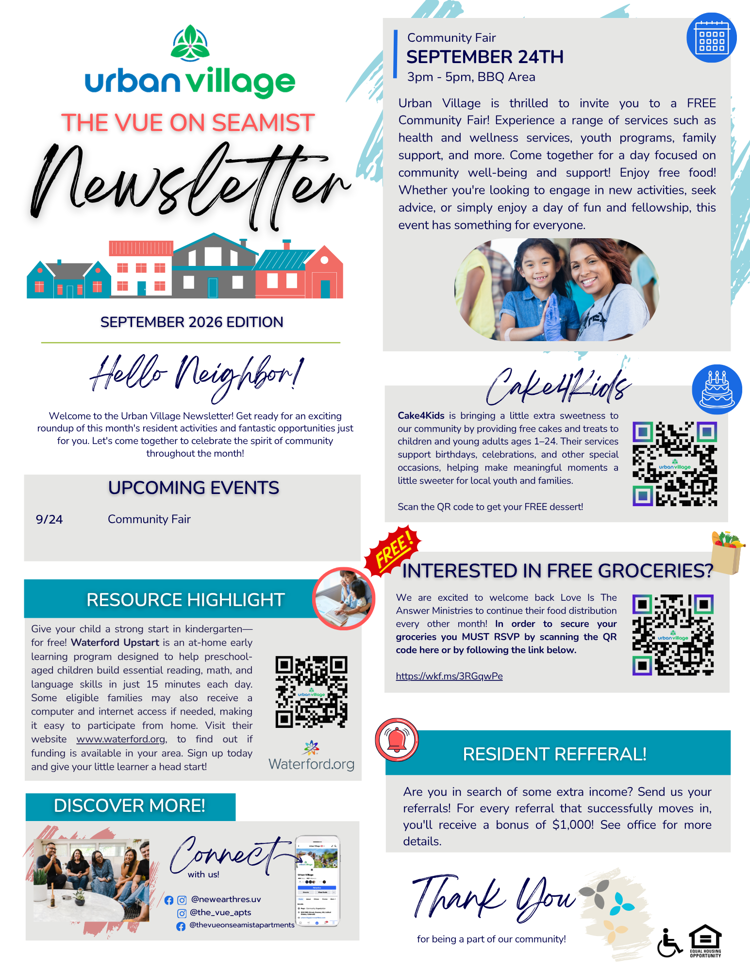 A community newsletter highlighting events, resources, and activities for residents, featuring colorful illustrations and sections for events, highlights, and QR codes for additional information.