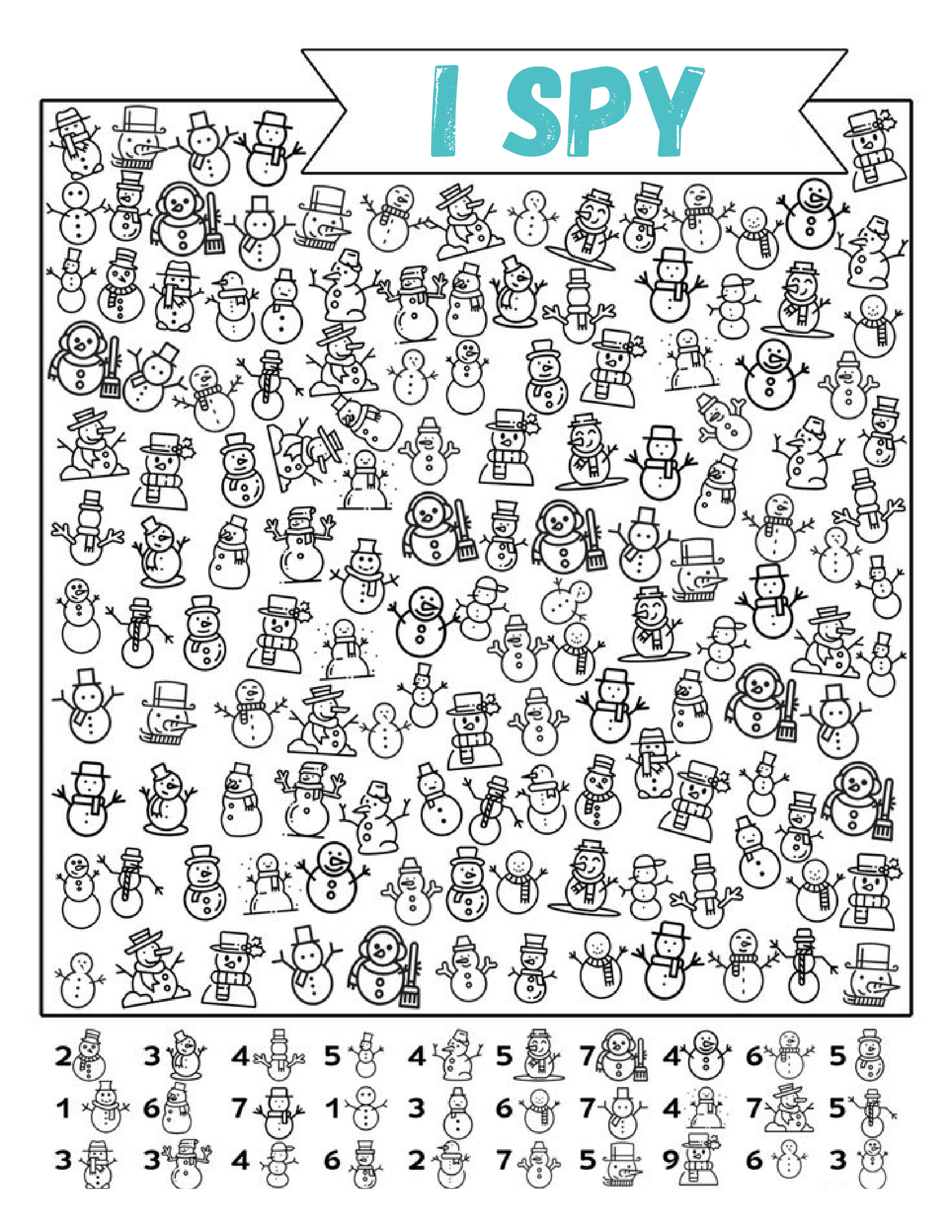 A black and white 'I Spy' activity page featuring numerous snowman illustrations. The page contains a grid filled with various snowmen and snowwomen, each with different hats and accessories, alongside a list of specific characters to find at the bottom.