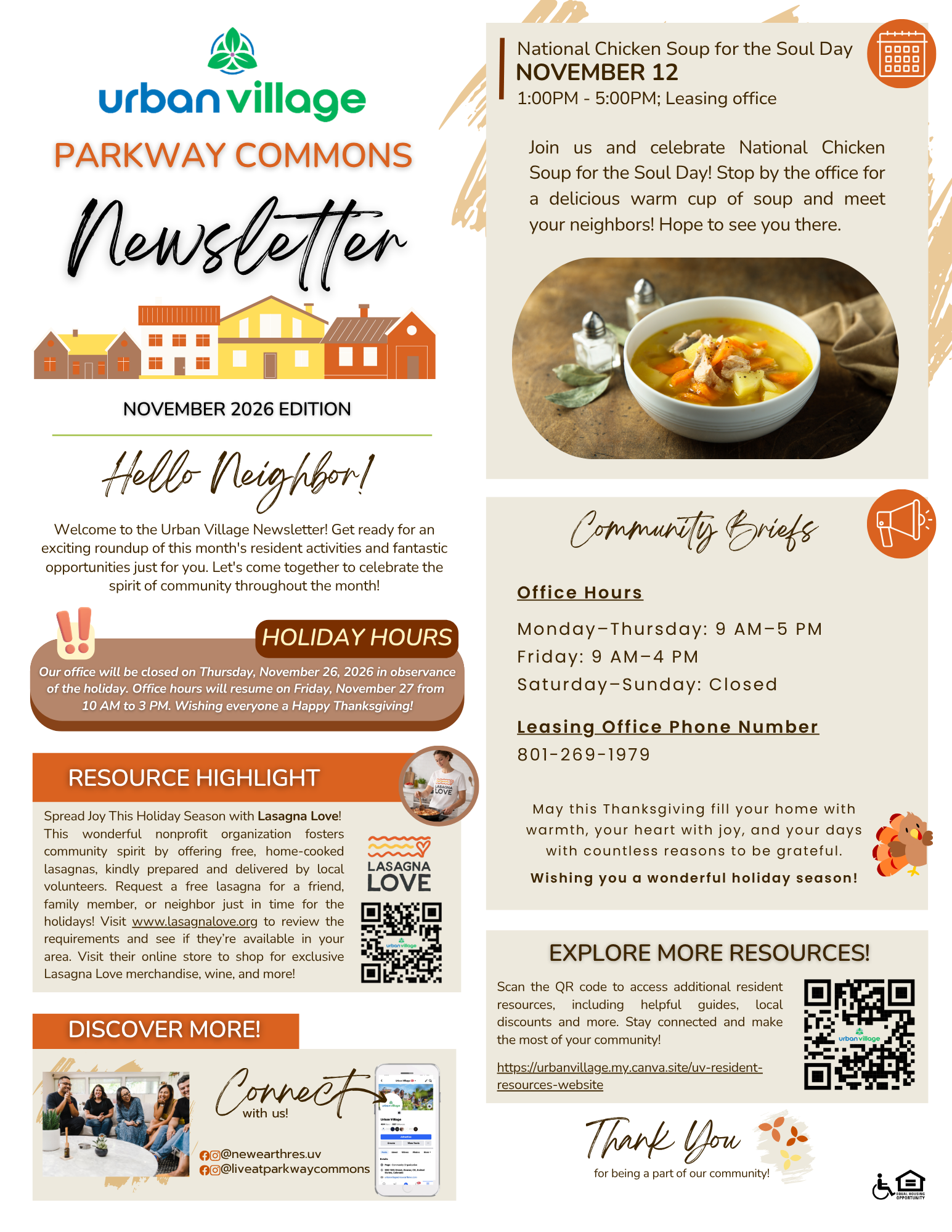 A newsletter from Urban Village Parkway Commons featuring community events, office hours, and highlights. Includes a section for a National Chicken Soup for the Soul Day event.