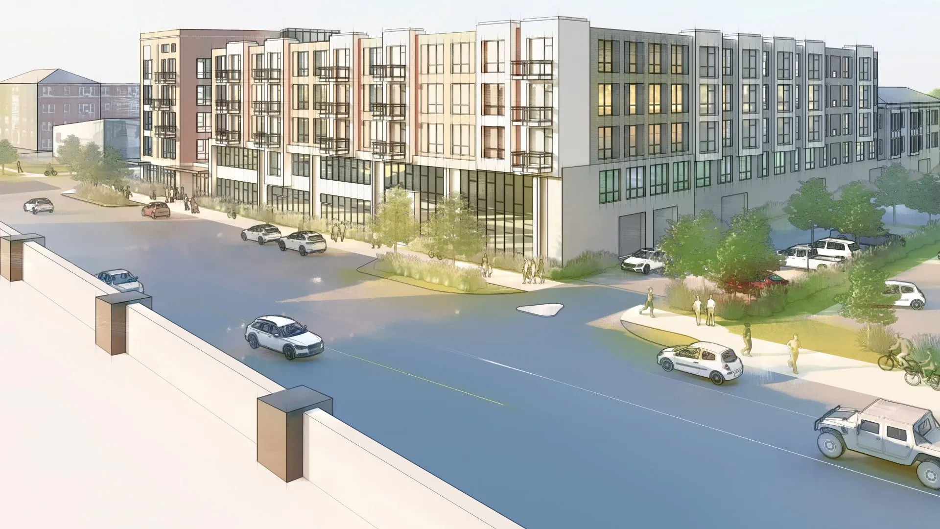 Rendering of a modern multi-story apartment complex with trees and vehicles in the surrounding area.