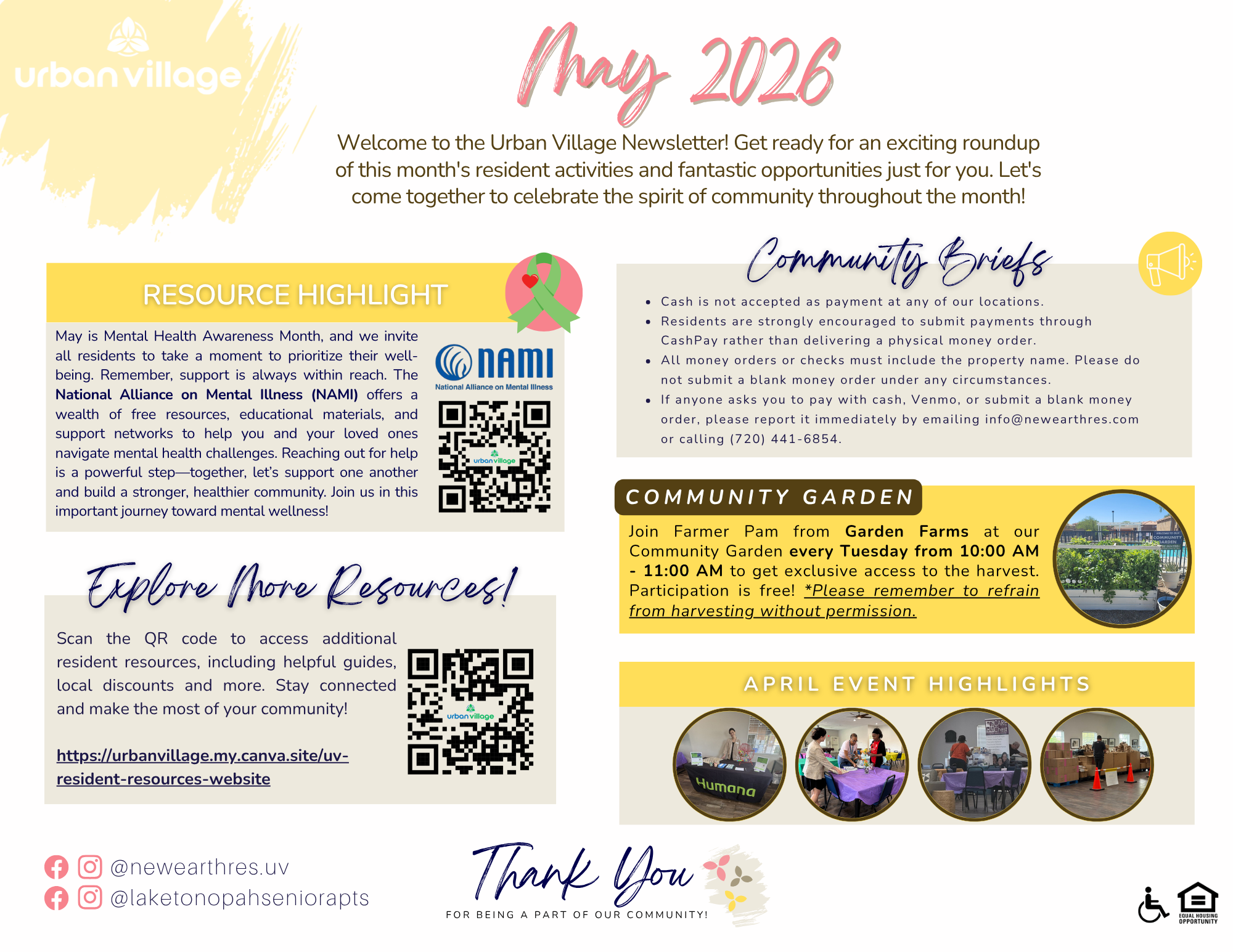 A newsletter for Urban Village featuring resource highlights, community briefs, and event information for May 2026.