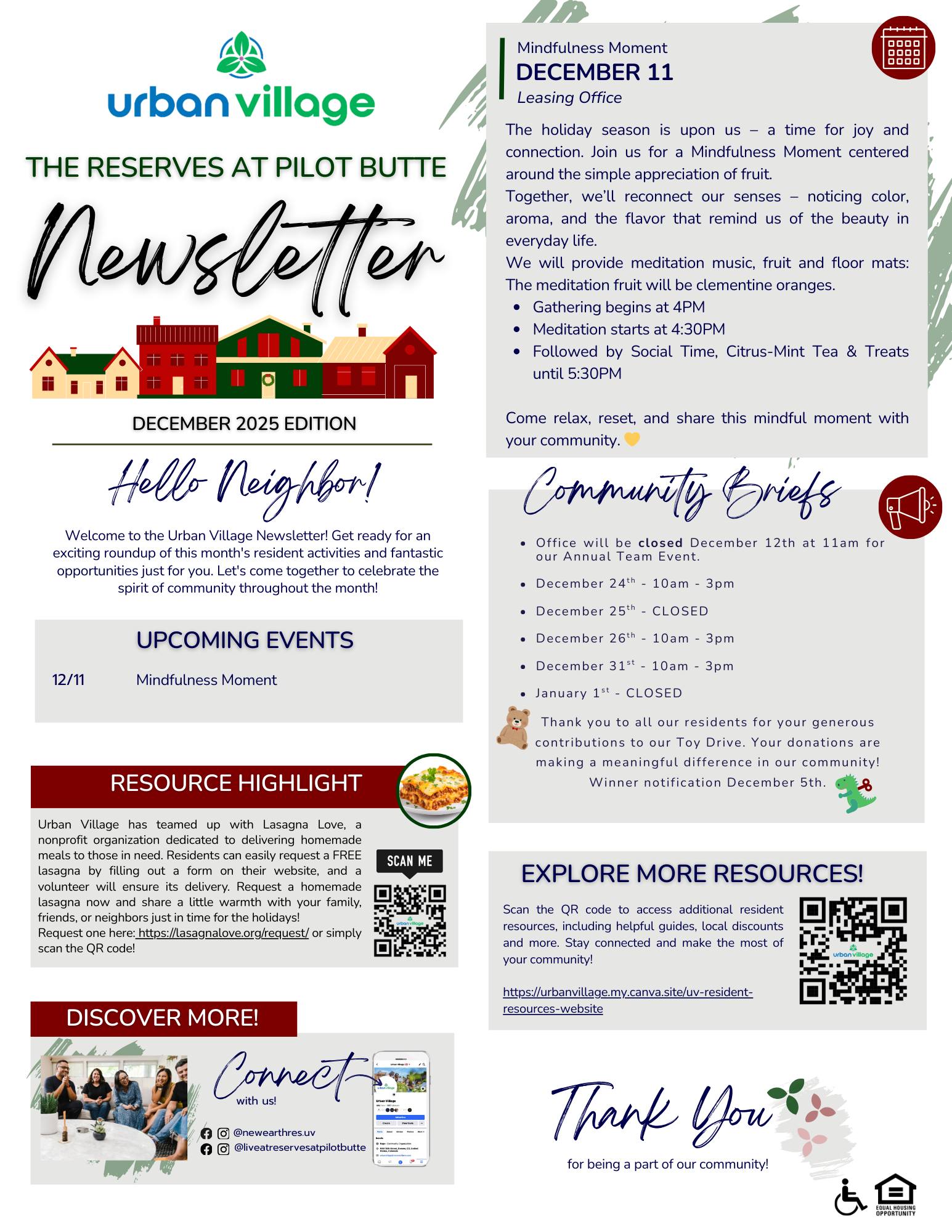 Newsletter for The Reserves at Pilot Butte featuring upcoming events, mindfulness moment, and community brief announcements.