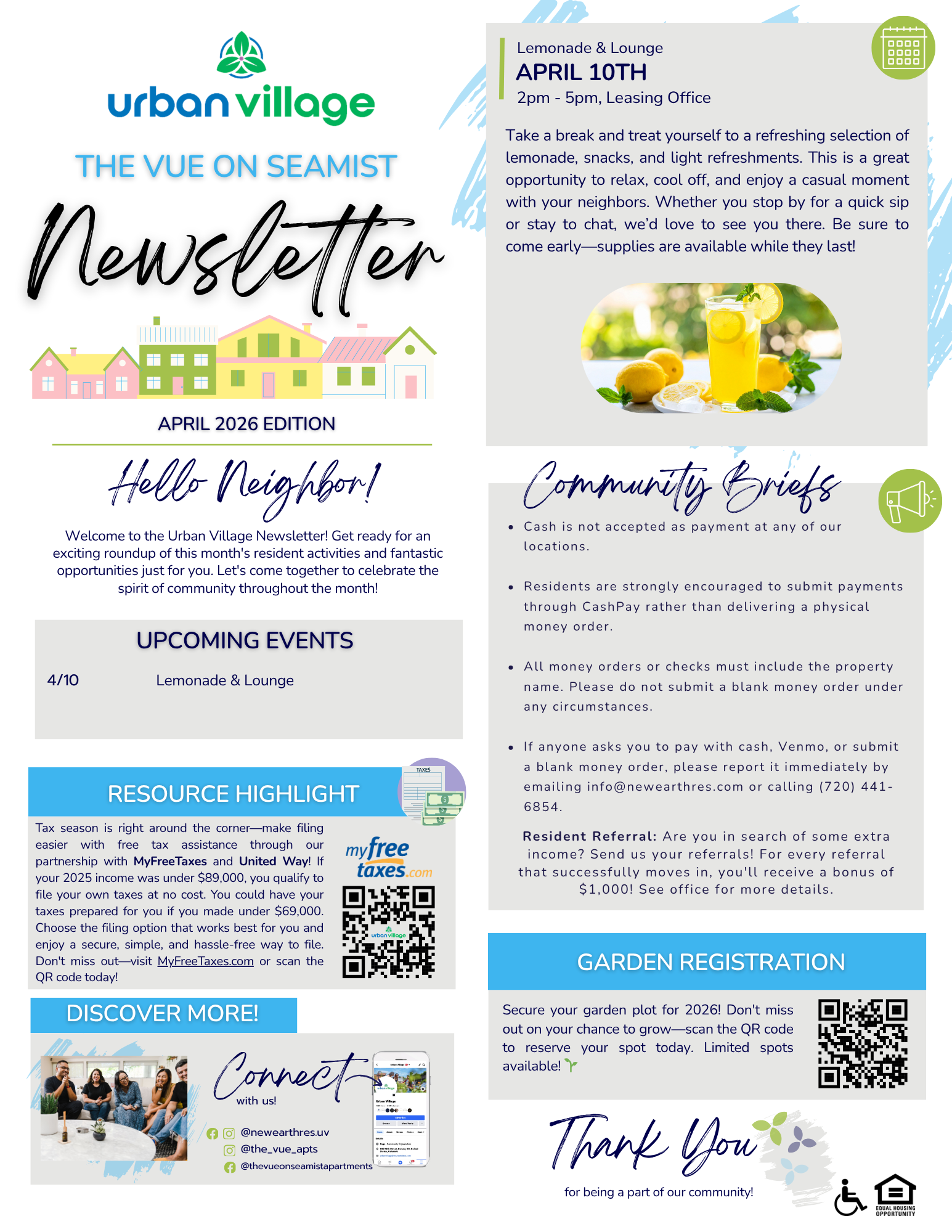 Colorful newsletter for an event at Urban Village titled 'Lemonade & Lounge,' featuring details on upcoming events and community resources.