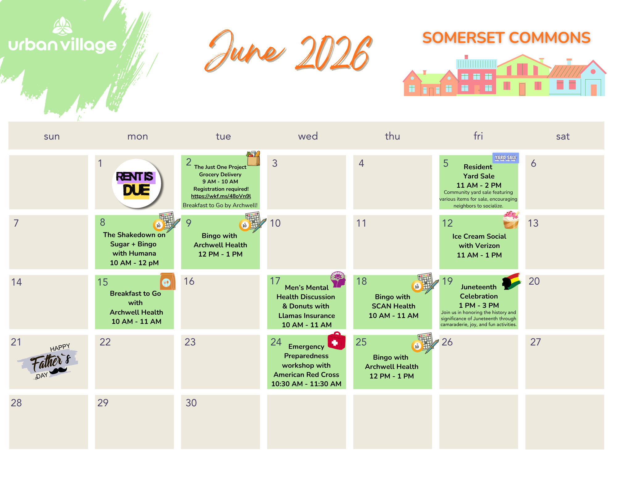Calendar for June 2026 featuring events at Somerset Commons including health workshops and community activities.