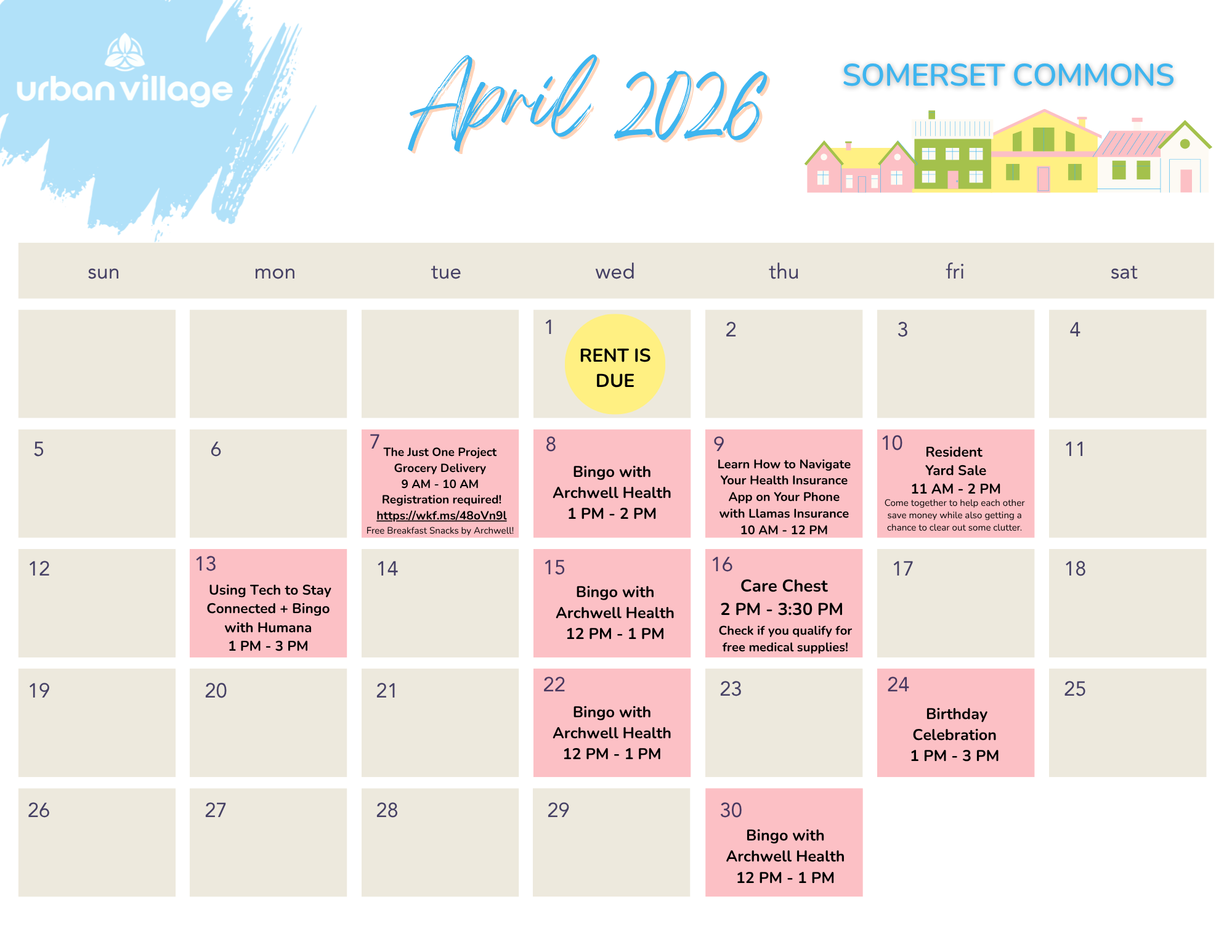 Calendar for April 2026 at Somerset Commons. Events include various activities like bingo and informational sessions, with dates and times listed.