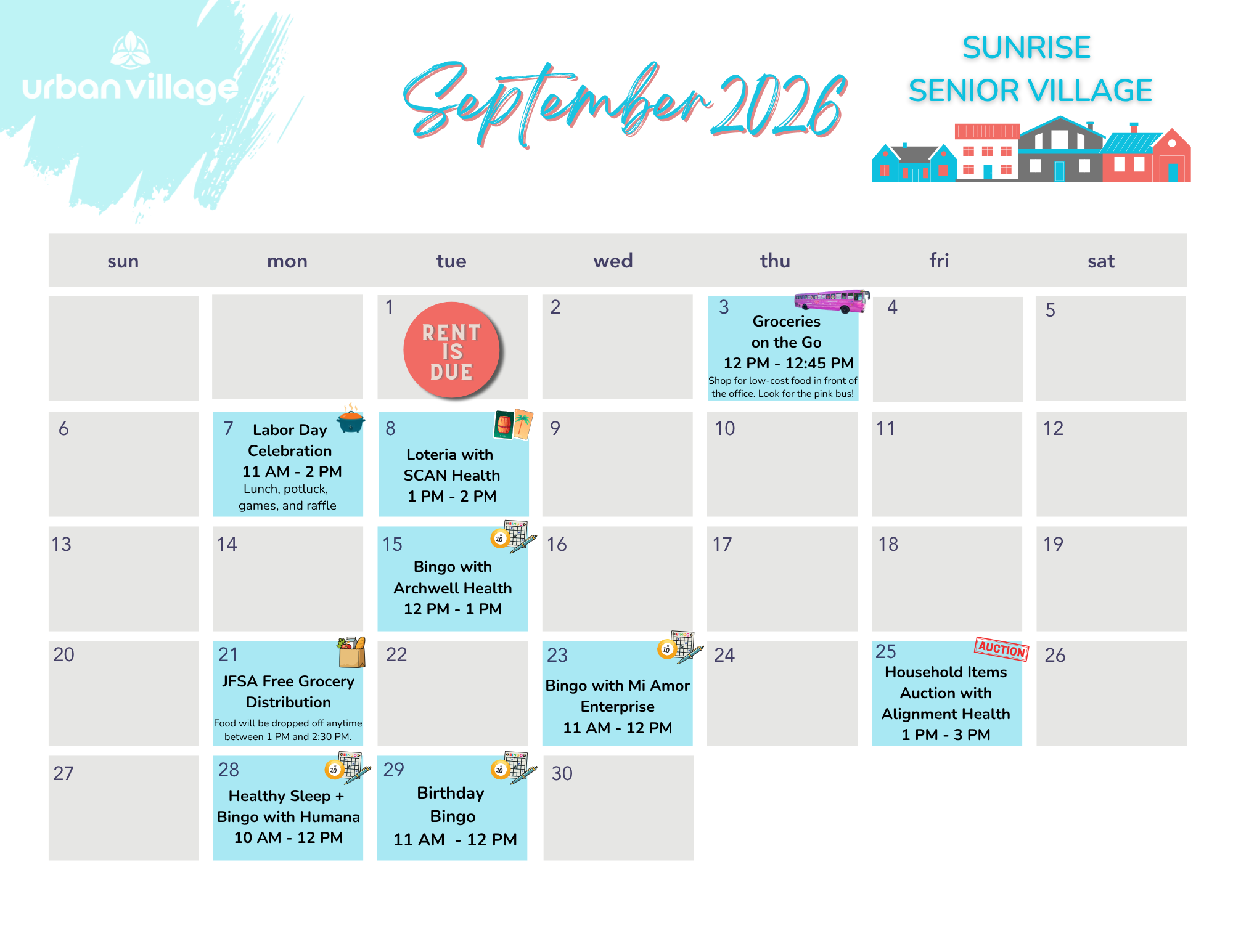 September calendar for Sunrise Senior Village showcasing various activities and events for seniors.