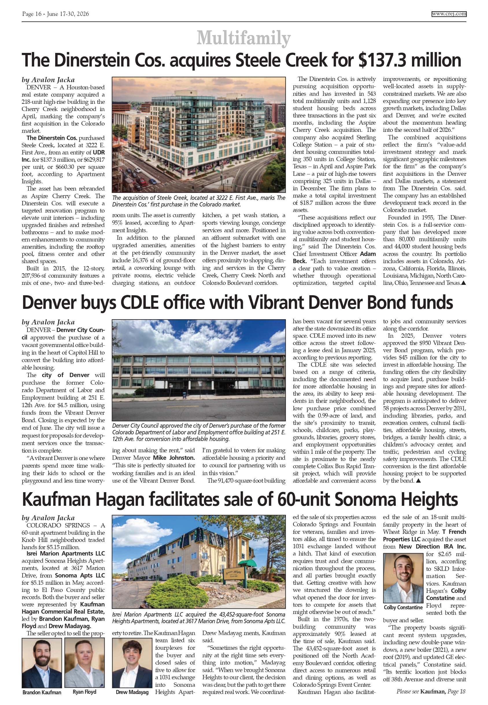 A newspaper page featuring headlines and articles about real estate acquisitions and developments, with images of buildings and related content.
