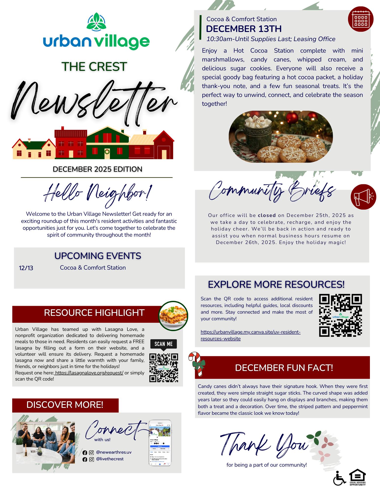 A community newsletter for Urban Village titled 'The Crest Newsletter' featuring information about upcoming events, resources, and a community activity.