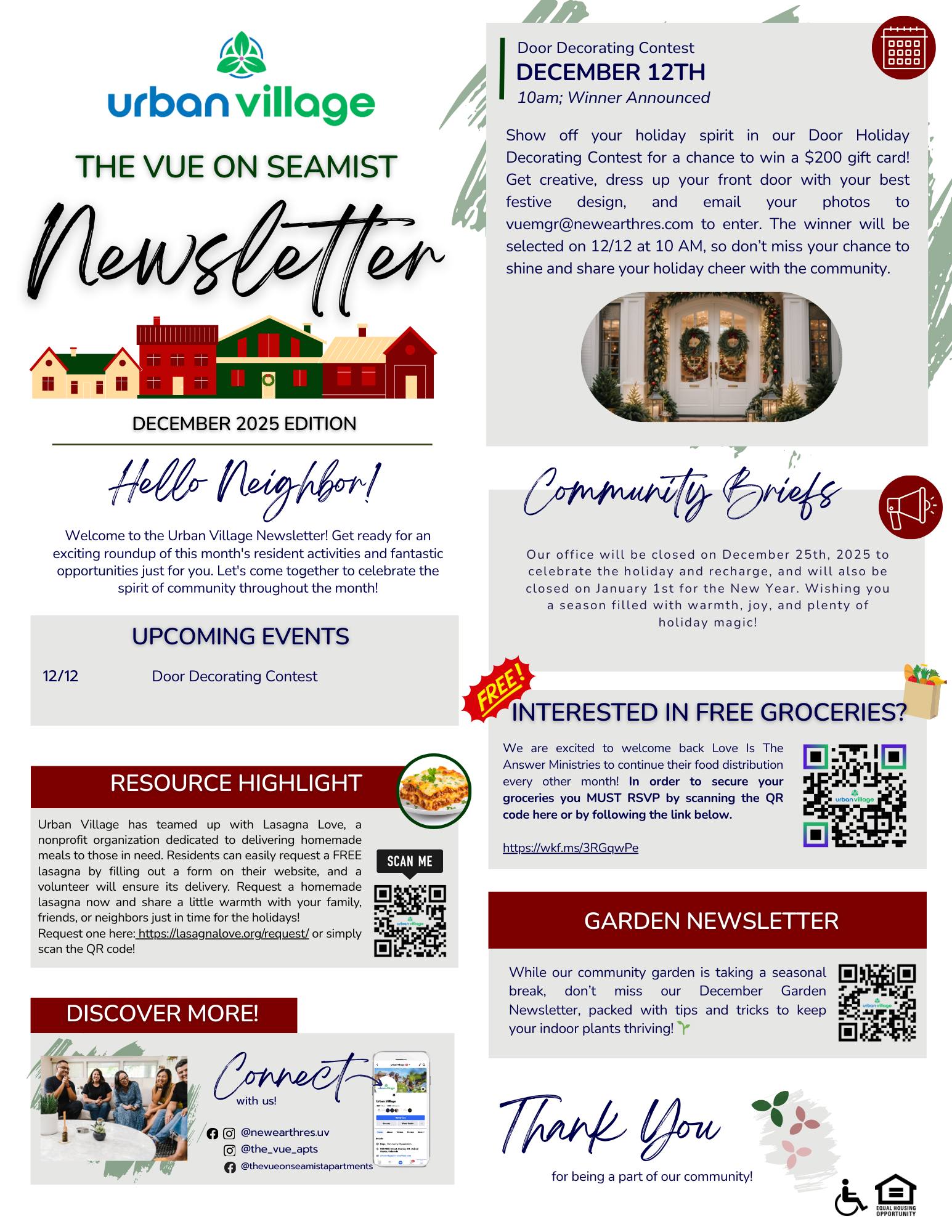 A colorful community newsletter titled 'The Vue on Seamist'. It highlights upcoming events, a door decorating contest, community briefs, and offers resources like free groceries and garden newsletters. The design features various graphics including houses, a holiday theme, and QR codes for engagement.