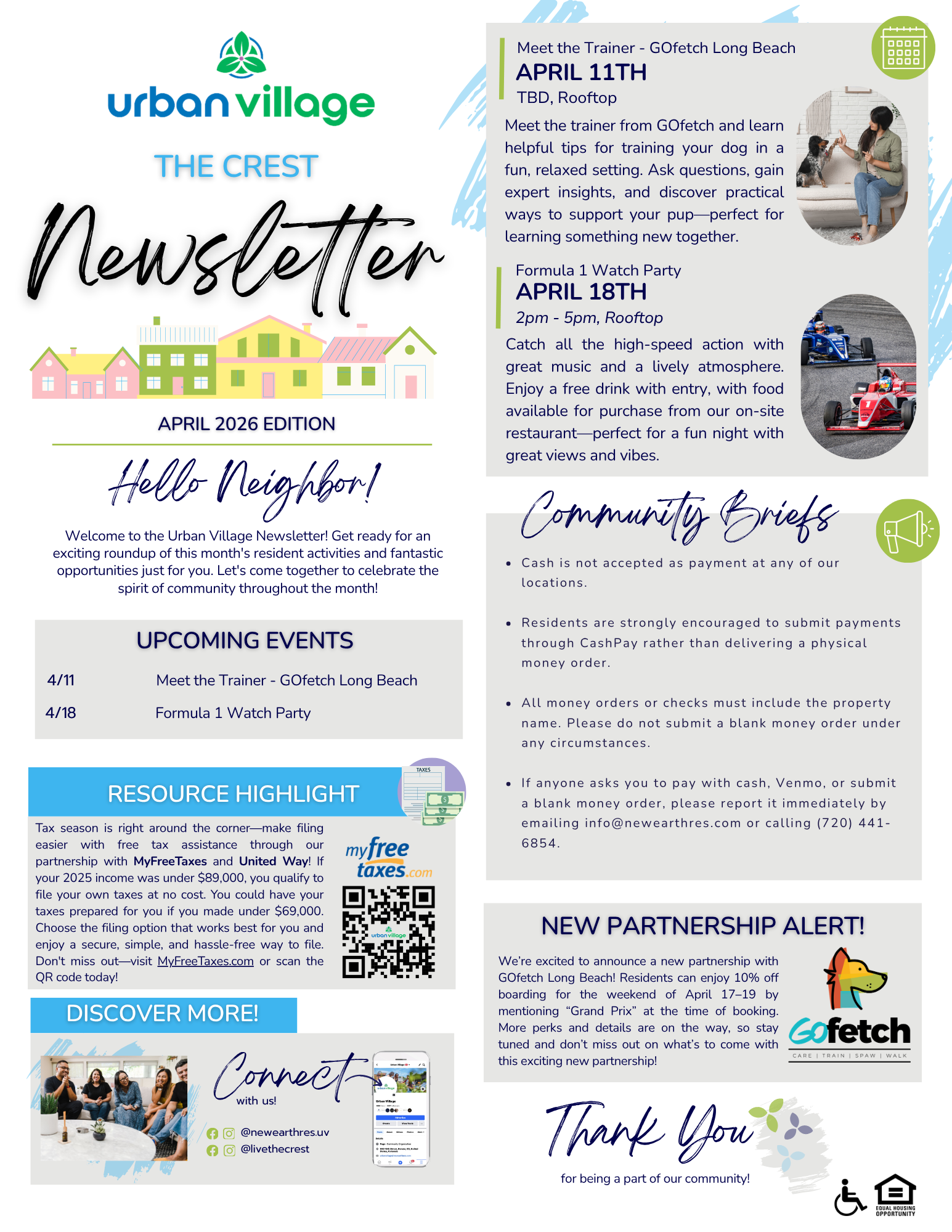 A colorful community newsletter titled 'The Crest' from Urban Village, detailing events and resources for April 2026. It highlights upcoming events, a resource highlight for free tax services, and features a new partnership alert for GoFetch.