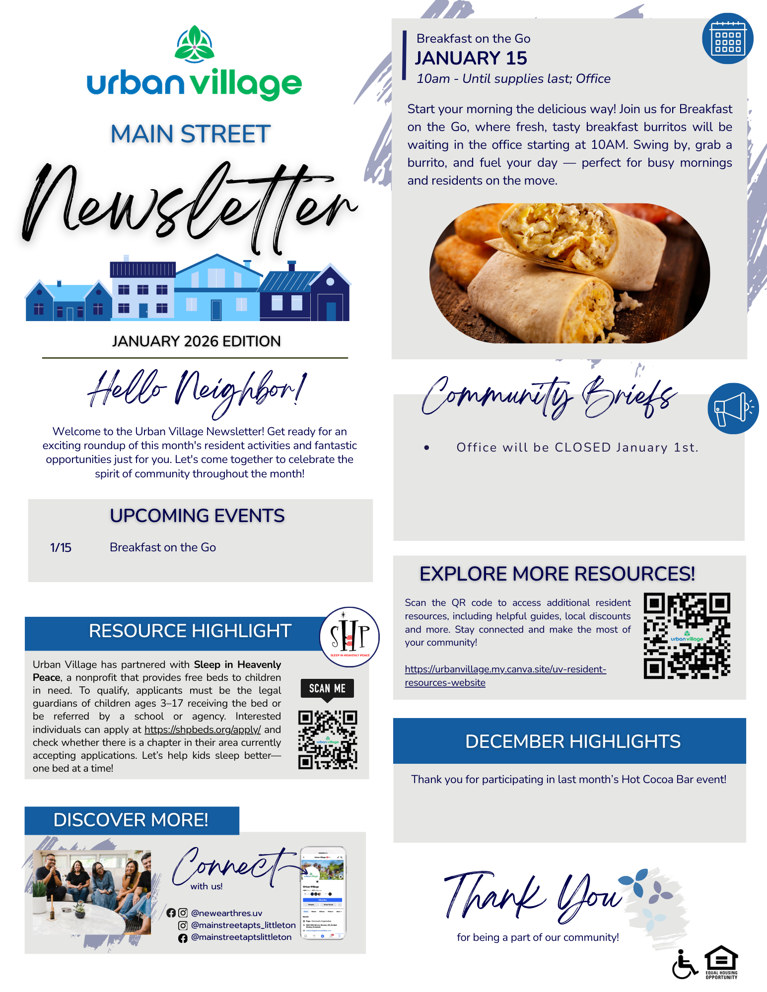 Newsletter for Urban Village, Main Street edition, January 2026. Includes information about upcoming events, community briefs, resource highlights, and a thank you note. Features images of houses and a breakfast item.