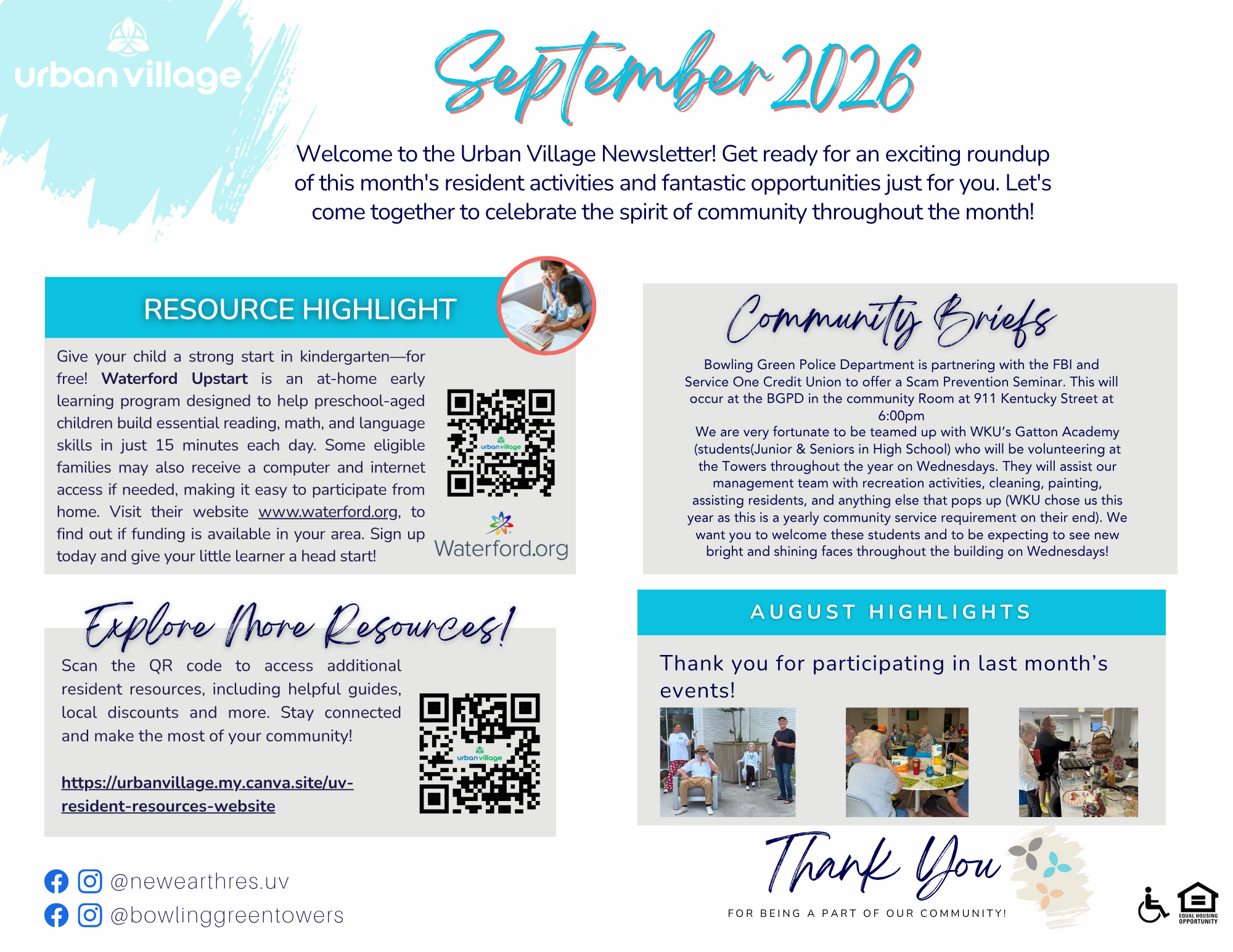 Newsletter from Urban Village for September 2026 featuring community resources and events highlights.