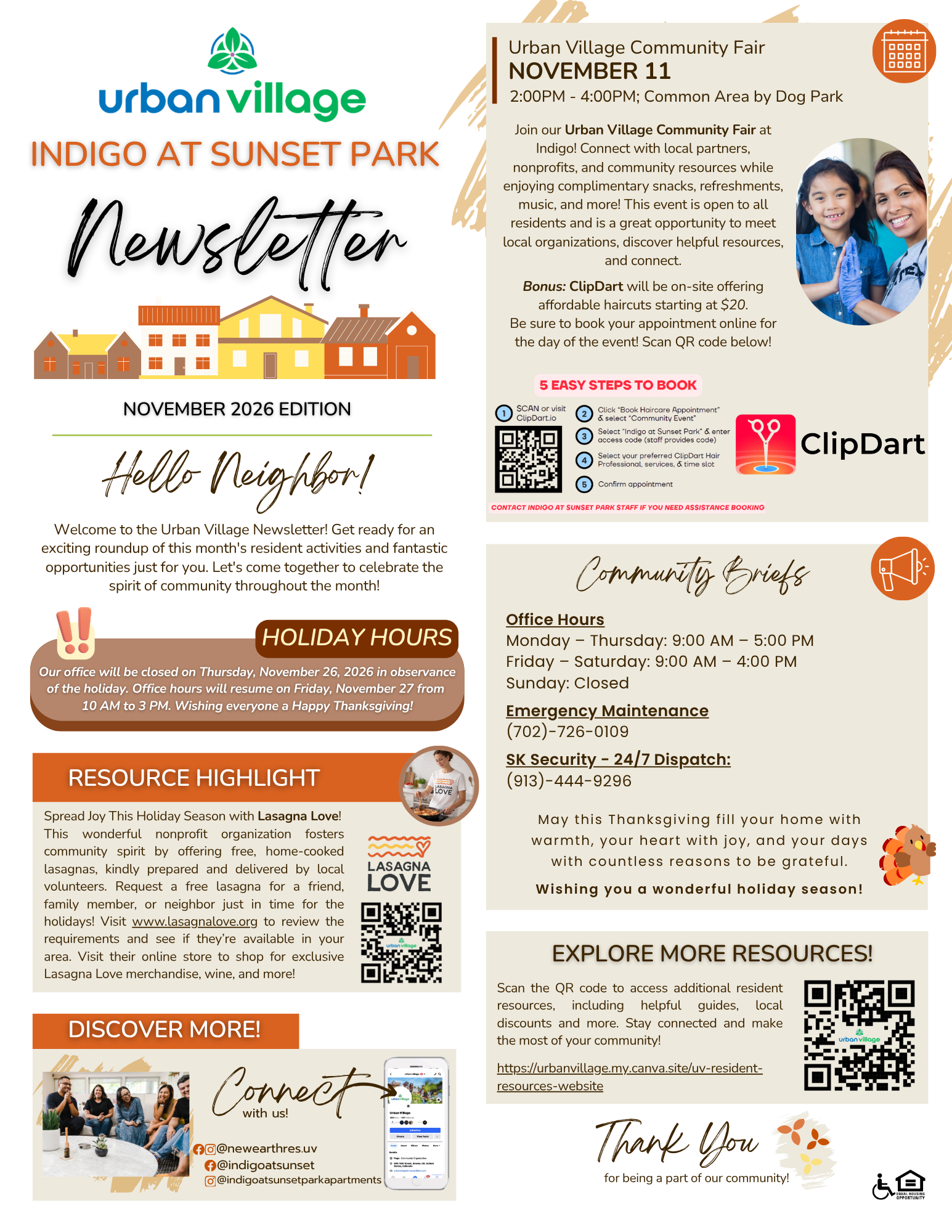 Newsletter for Urban Village at Indigo at Sunset Park, detailing community events and resources.