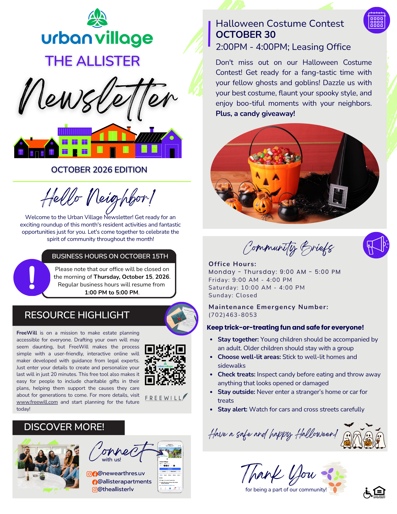 A colorful community newsletter titled 'The Allister' with Halloween costume contest details and community resource highlights.