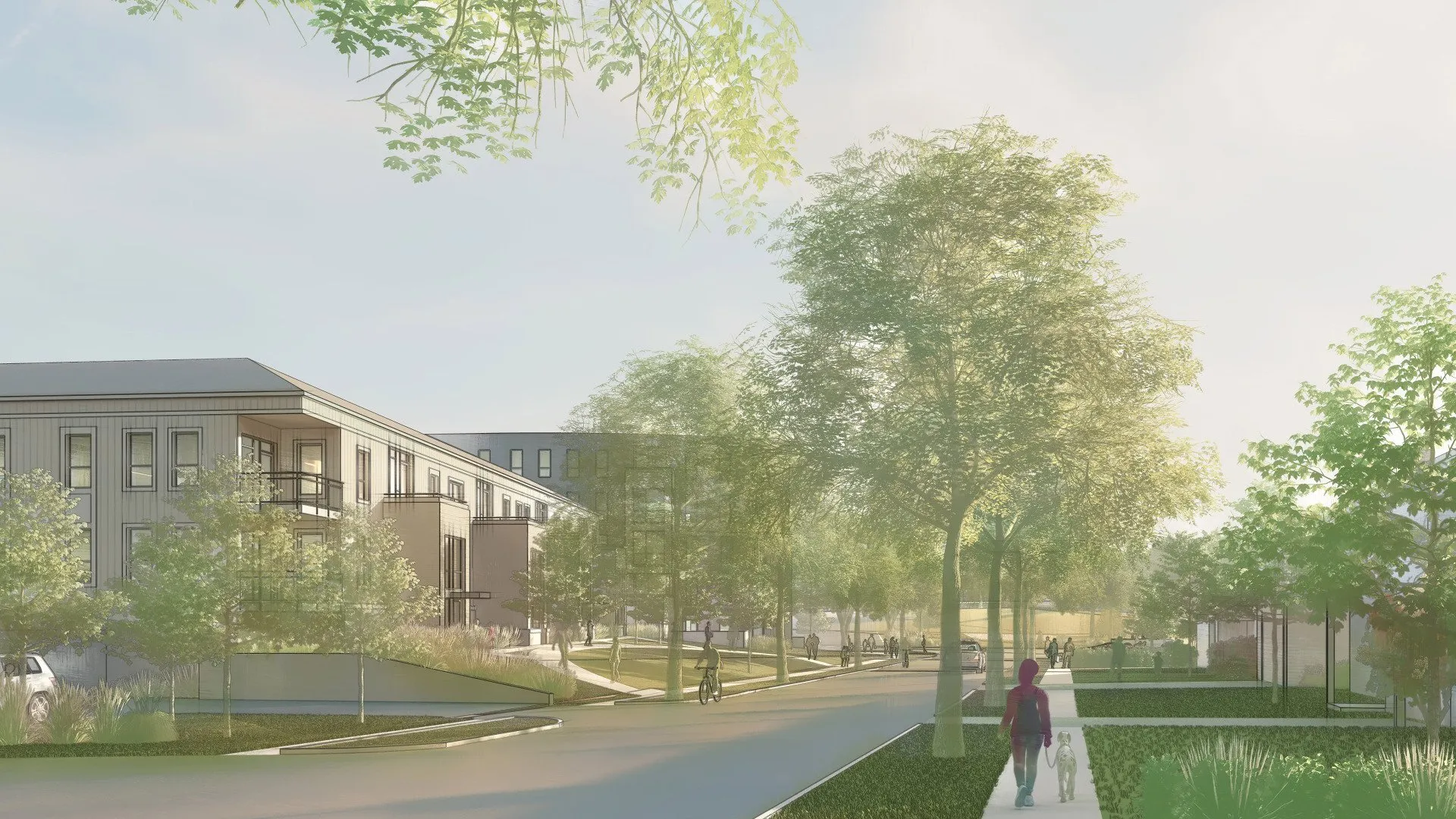 A scenic view of a street lined with trees, leading towards a residential area with modern buildings in the background.
