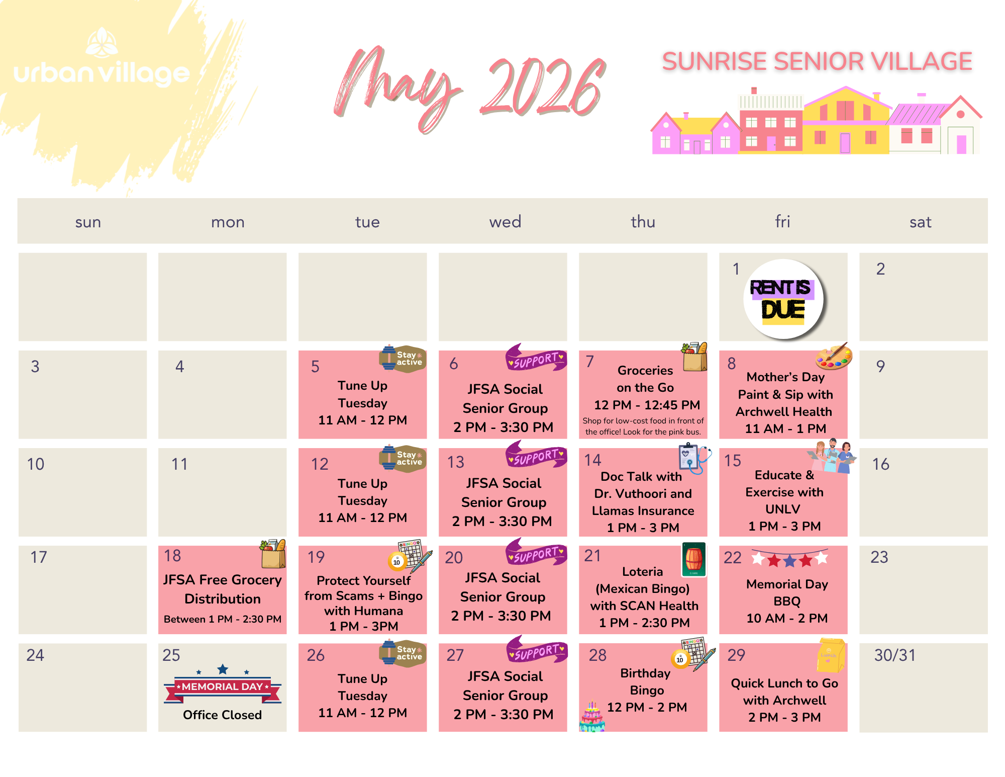 A calendar for May 2026 detailing various events at Sunrise Senior Village, including social groups, grocery distribution, and special activities for seniors.