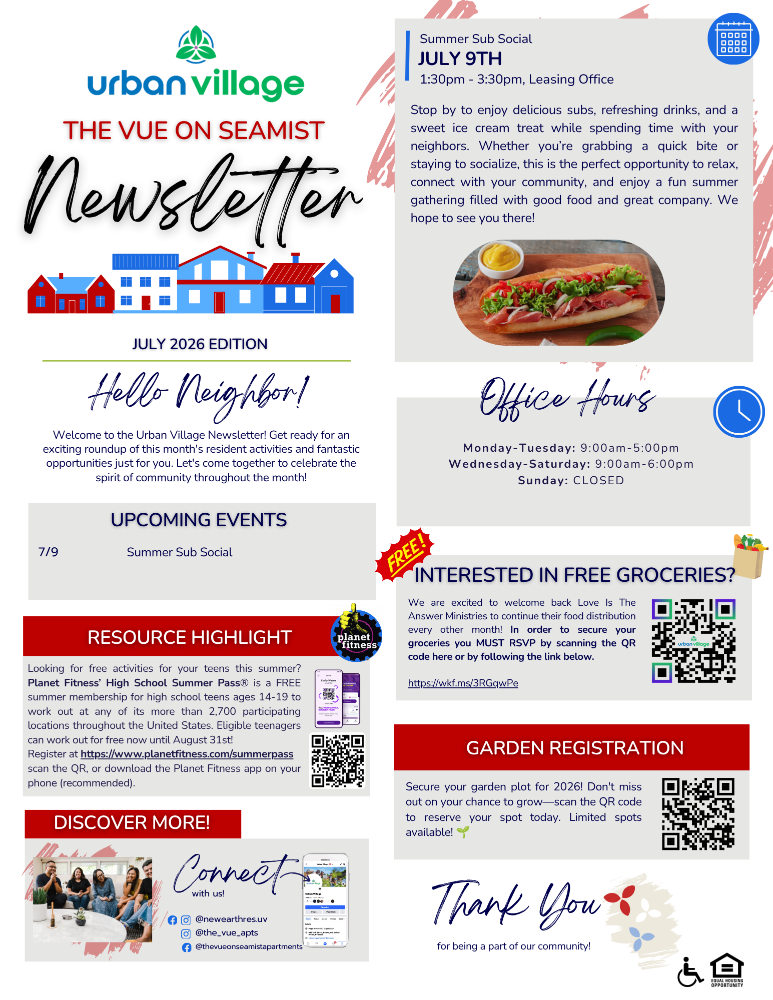 A colorful newsletter with community events and resources, featuring a Summer Sub Social event, office hours, and garden registration details.