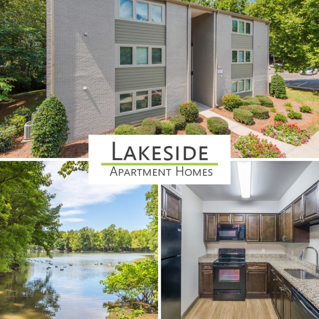 Exterior view of Lakeside Apartment Homes alongside a lake and a kitchen interior.