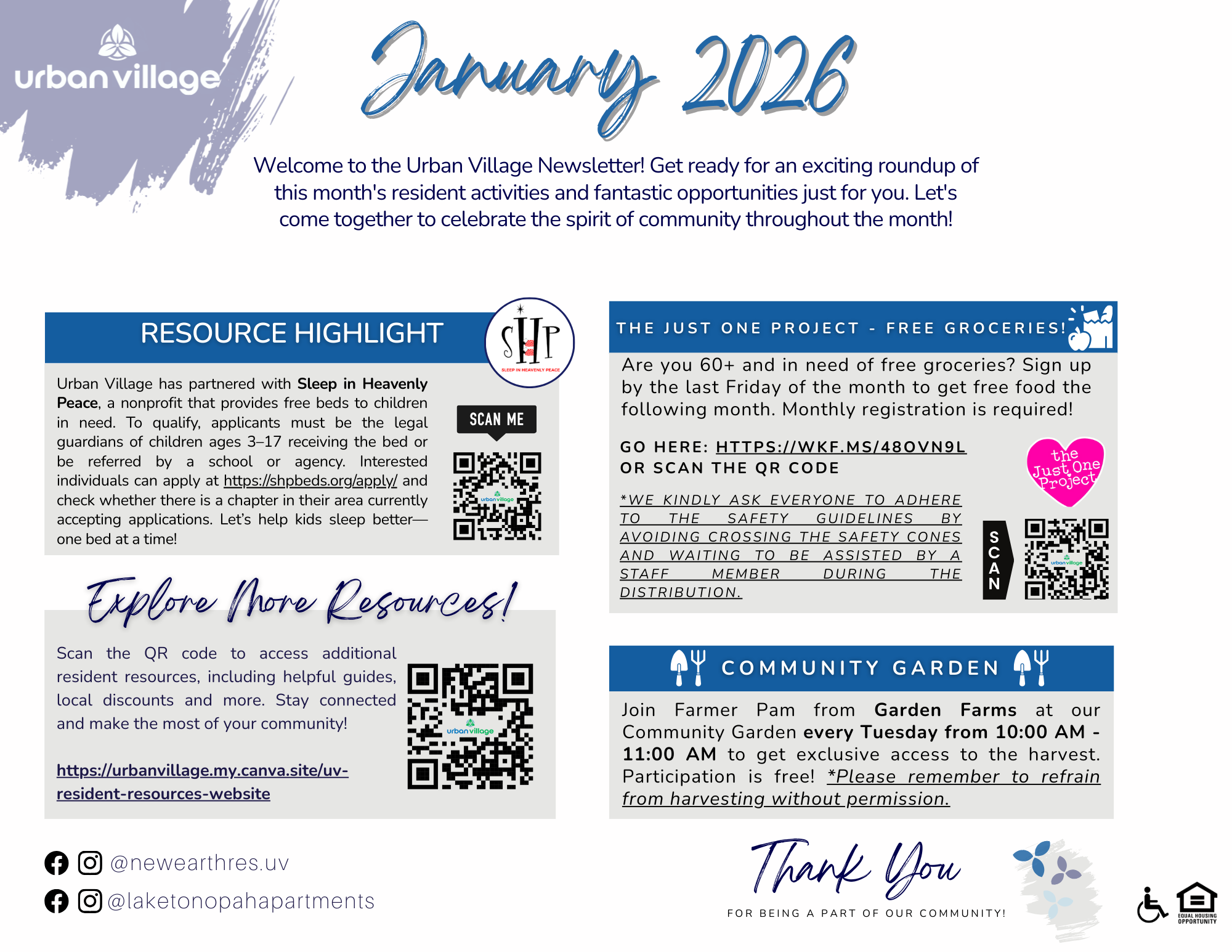 Newsletter for Urban Village for January 2026, displaying community resources, grocery project details, and community garden information.