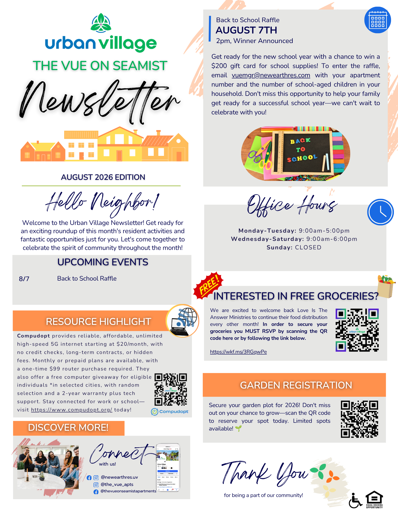 A community newsletter titled 'The Vue on Seamist' for Urban Village, featuring information about upcoming events, office hours, and resource highlights.