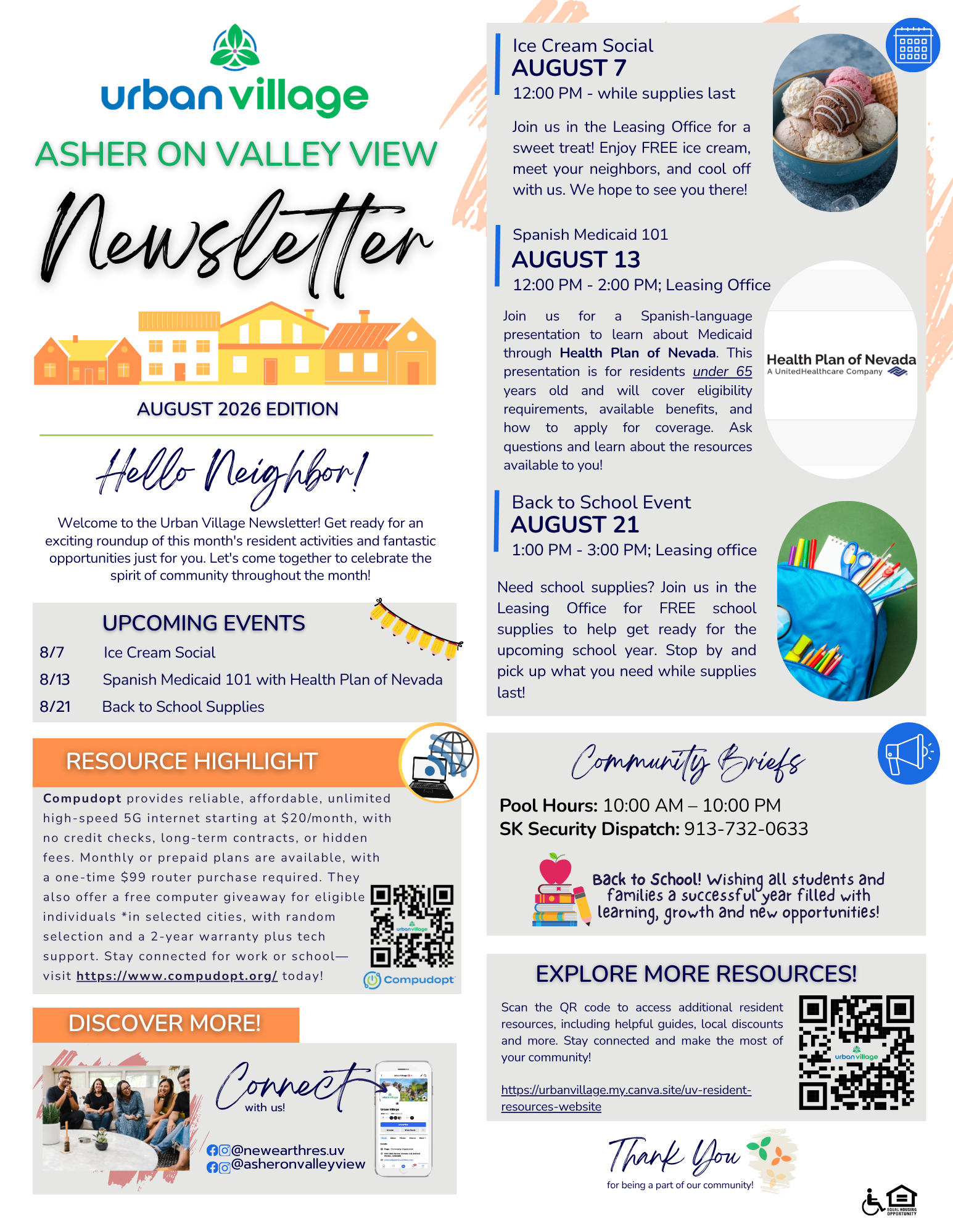 A newsletter for Urban Village - Asher on Valley View featuring community events and resources for August 2026.