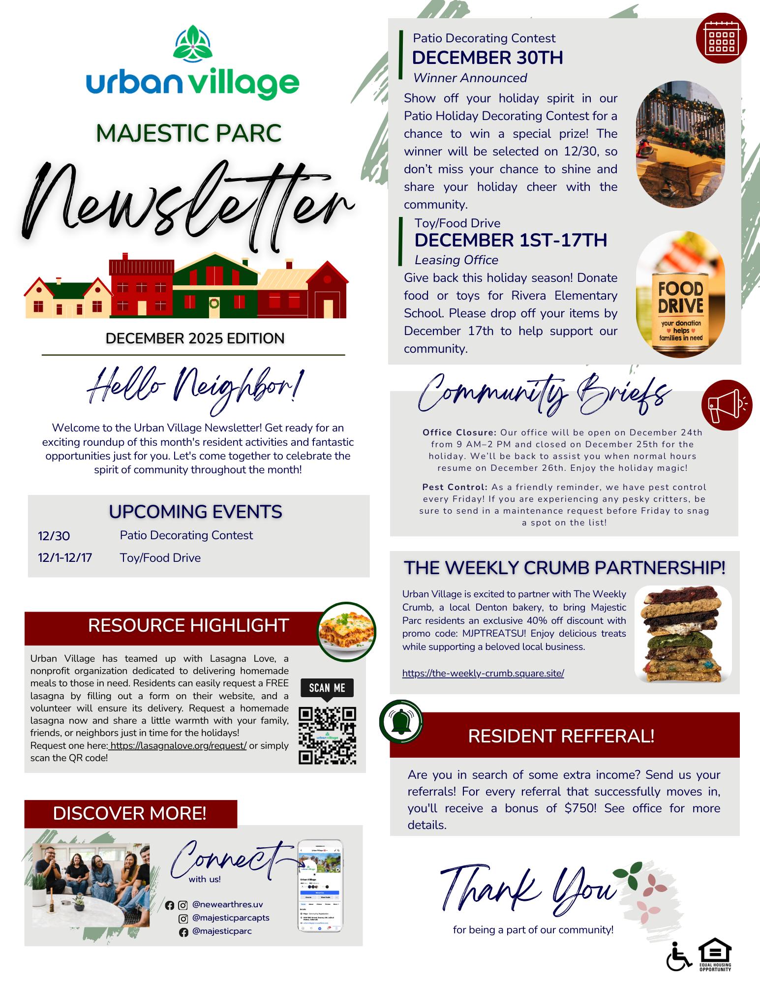 Newsletter for Urban Village's Majestic Parc community, featuring upcoming events and information about a patio decorating contest, a Toy/Food drive, and a referral program.