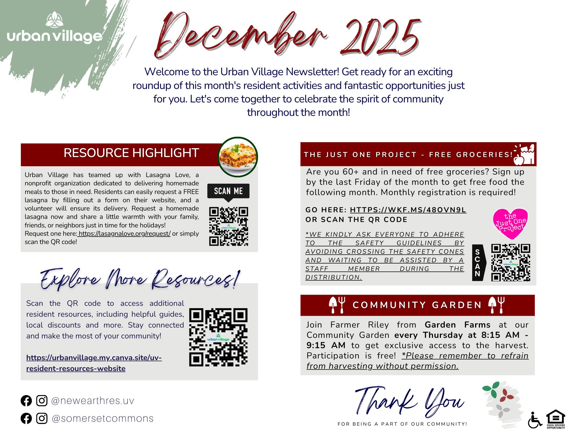 Newsletter from Urban Village for December 2025, highlighting community resources, free grocery assistance, and community gardening.
