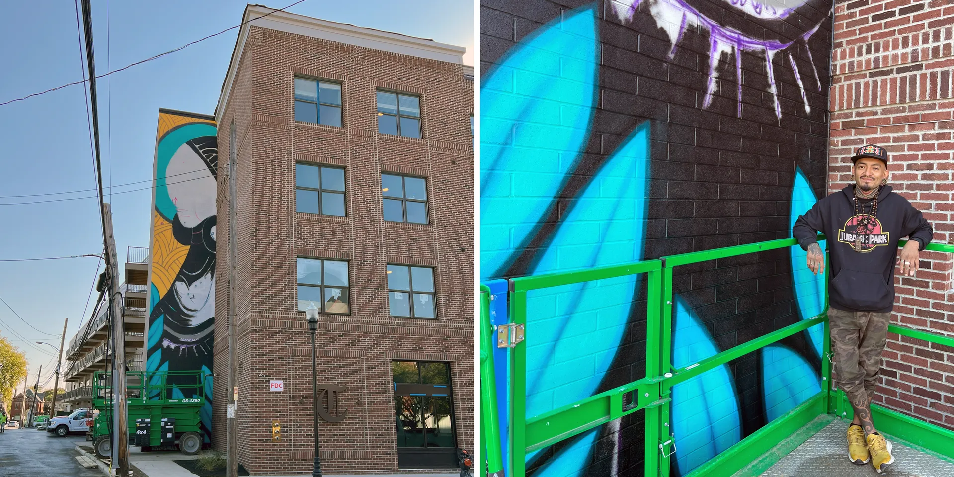 A brick building featuring a large mural on its side, depicting vibrant colors and abstract shapes, alongside a close-up of a person standing beside the mural.