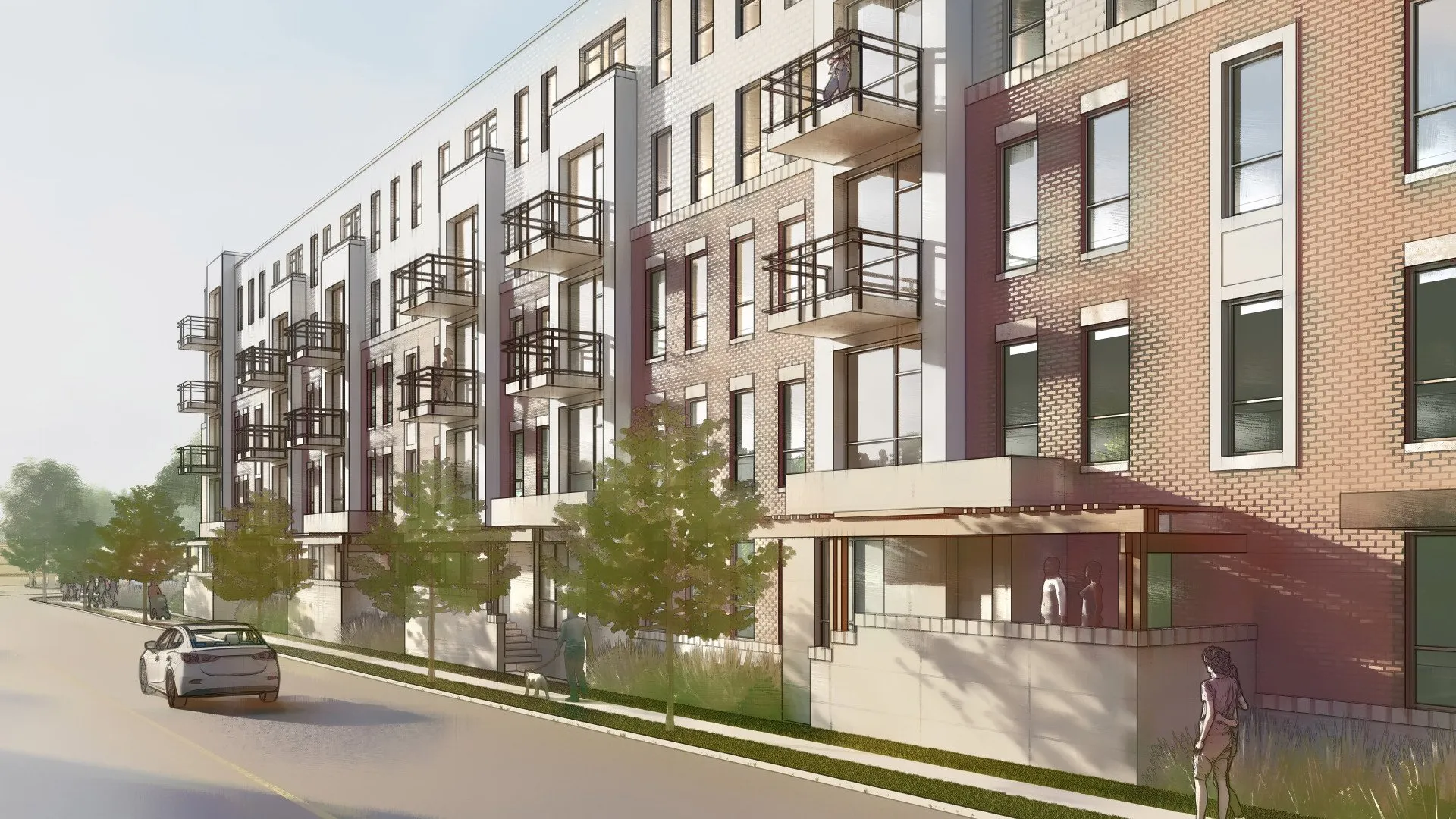 A modern apartment building with a mix of brick and white exterior, featuring multiple balconies and large windows. Trees line the sidewalk and a car is parked on the street in front.